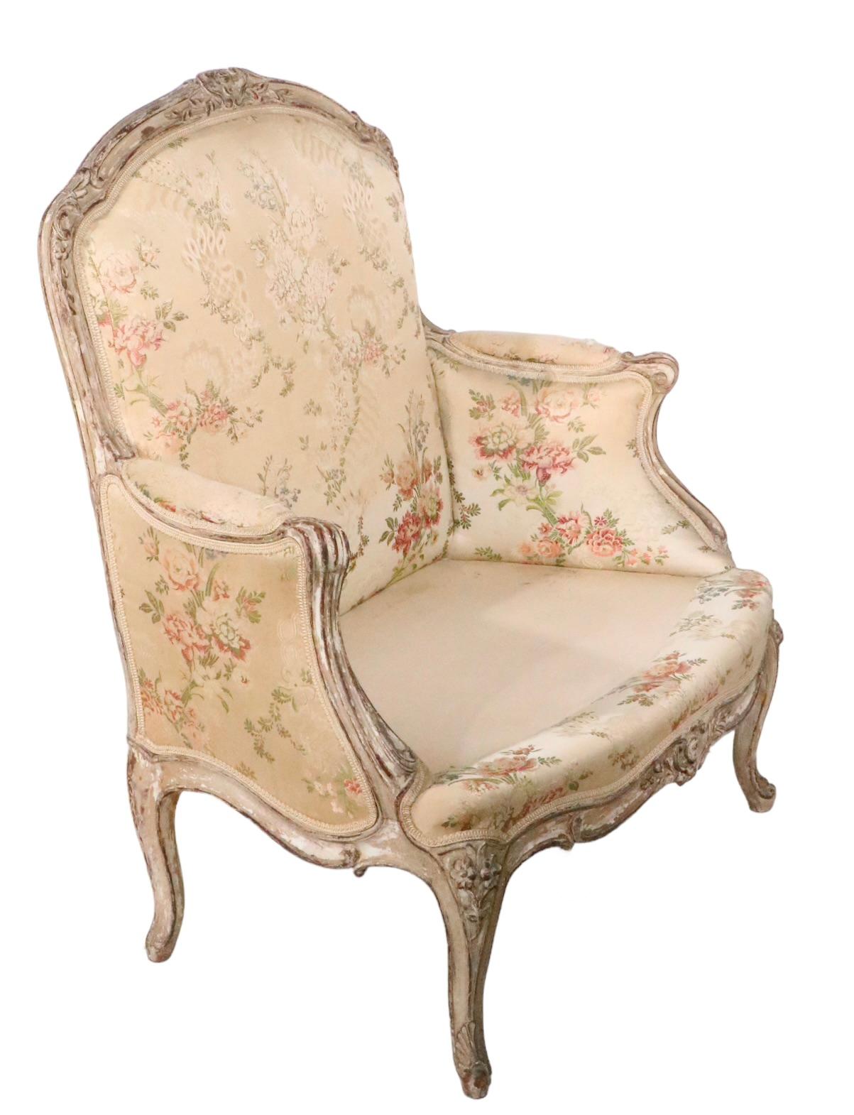 19th Century Pair 19th C French Louis V Style Bergere Lounge Chairs with Hand Carved Frames For Sale