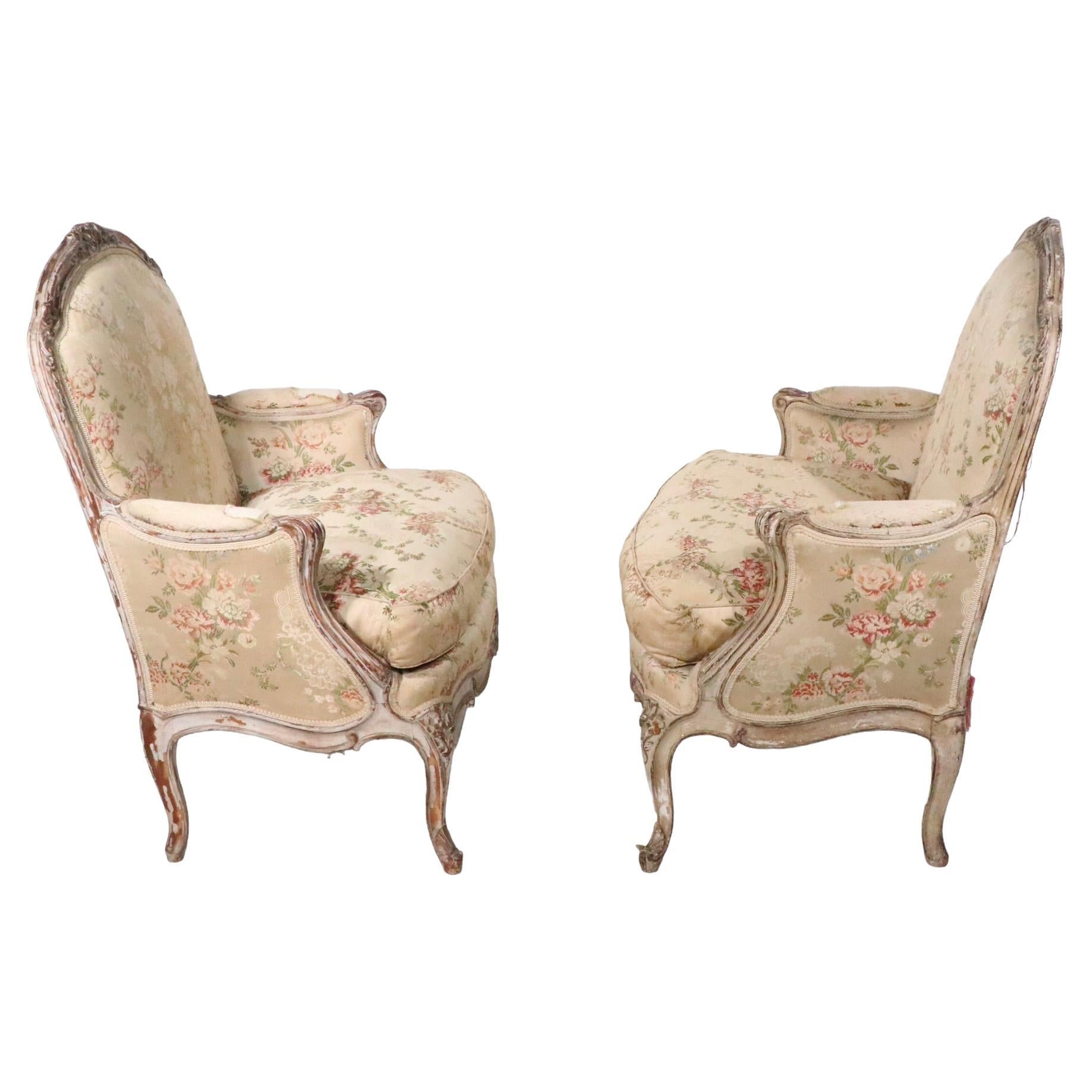 Pair 19th C French Louis V Style Bergere Lounge Chairs with Hand Carved Frames For Sale