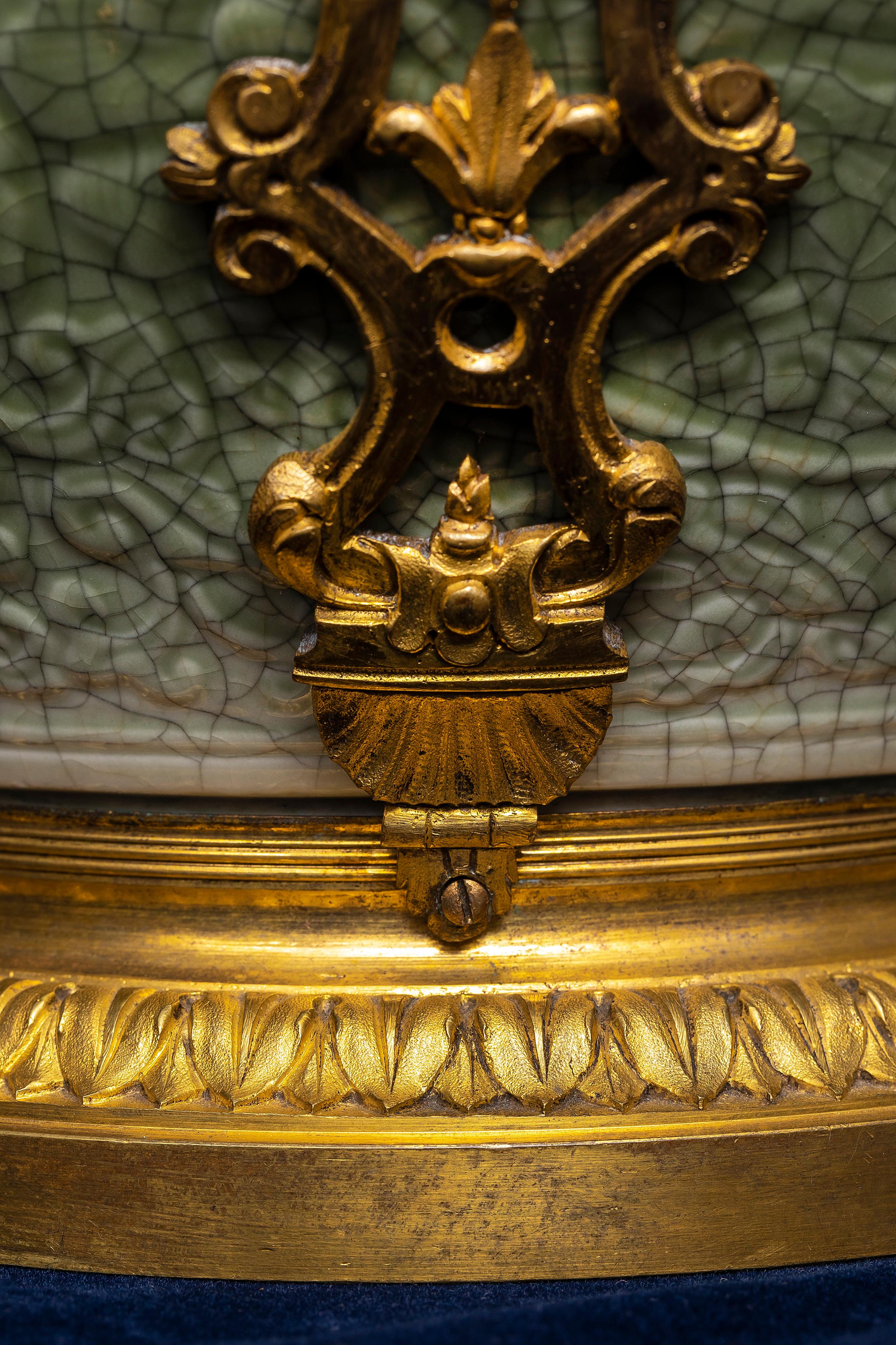 Pr. 19th C. French Ormolu Mounted Regence Chinese Celadon Crackle Centerpieces For Sale 4