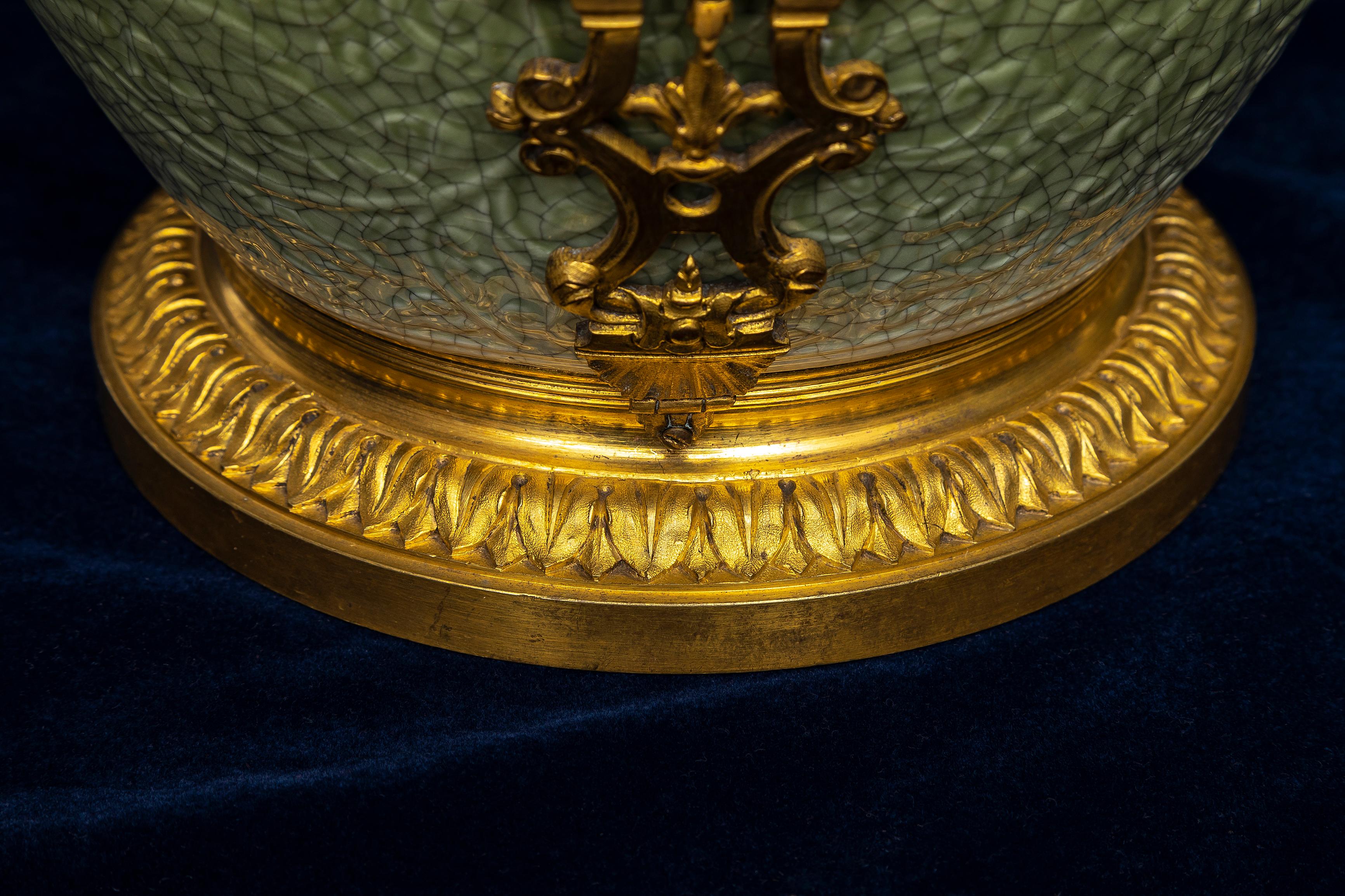 Pr. 19th C. French Ormolu Mounted Regence Chinese Celadon Crackle Centerpieces For Sale 5