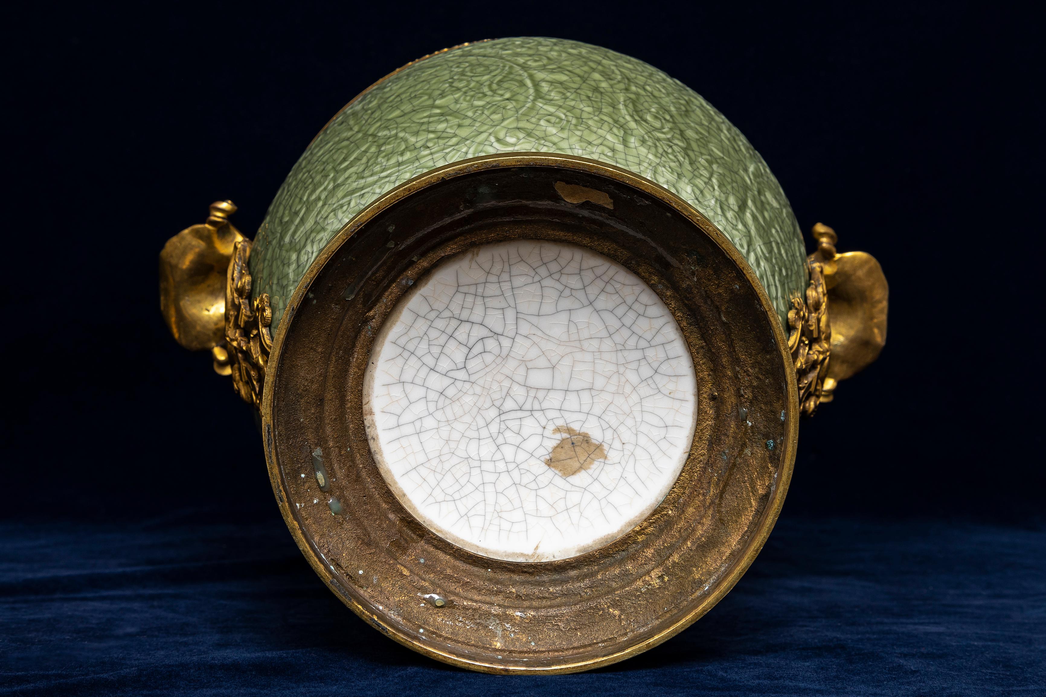 Pr. 19th C. French Ormolu Mounted Regence Chinese Celadon Crackle Centerpieces For Sale 6