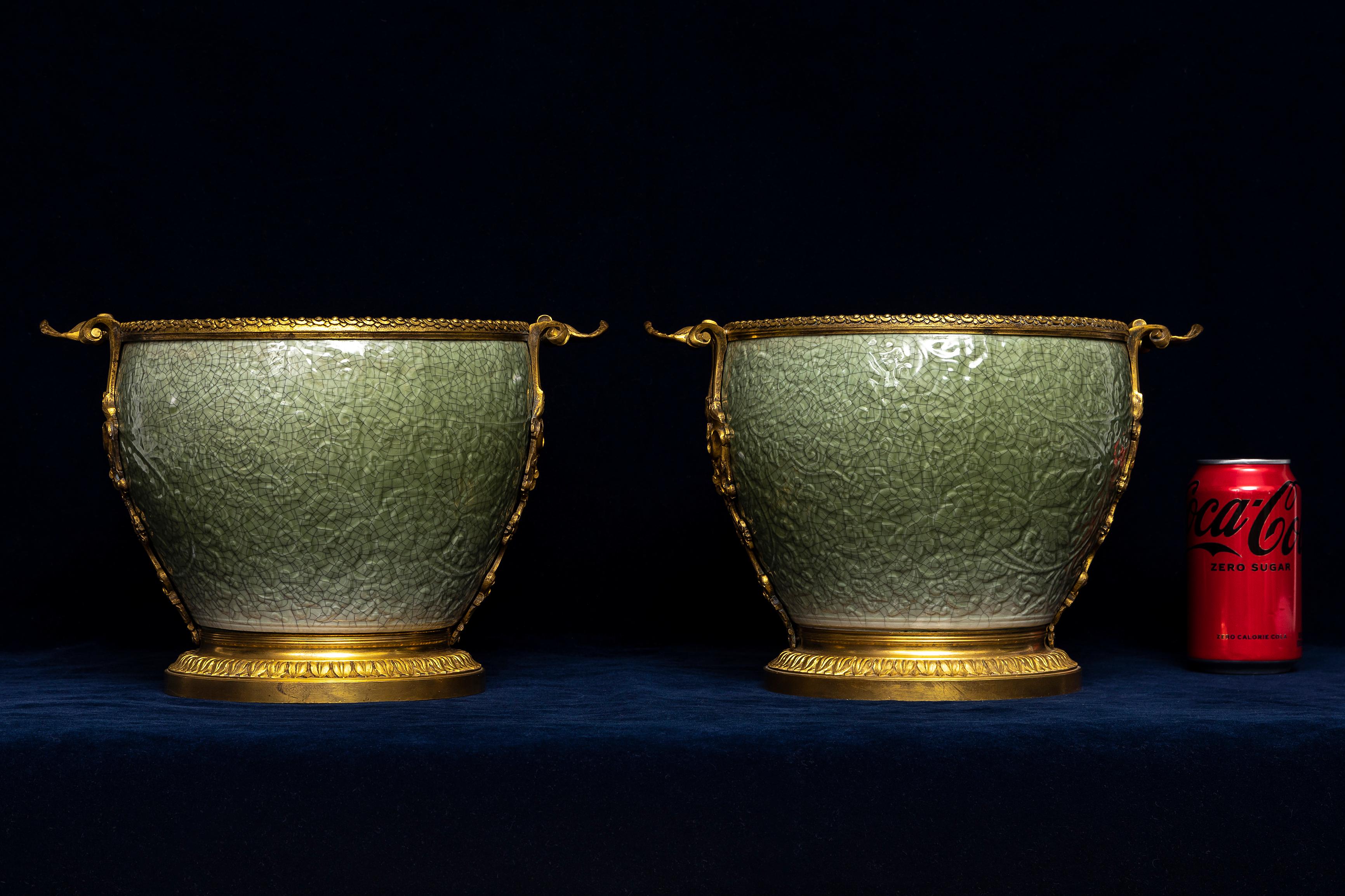 Regency Pr. 19th C. French Ormolu Mounted Regence Chinese Celadon Crackle Centerpieces For Sale