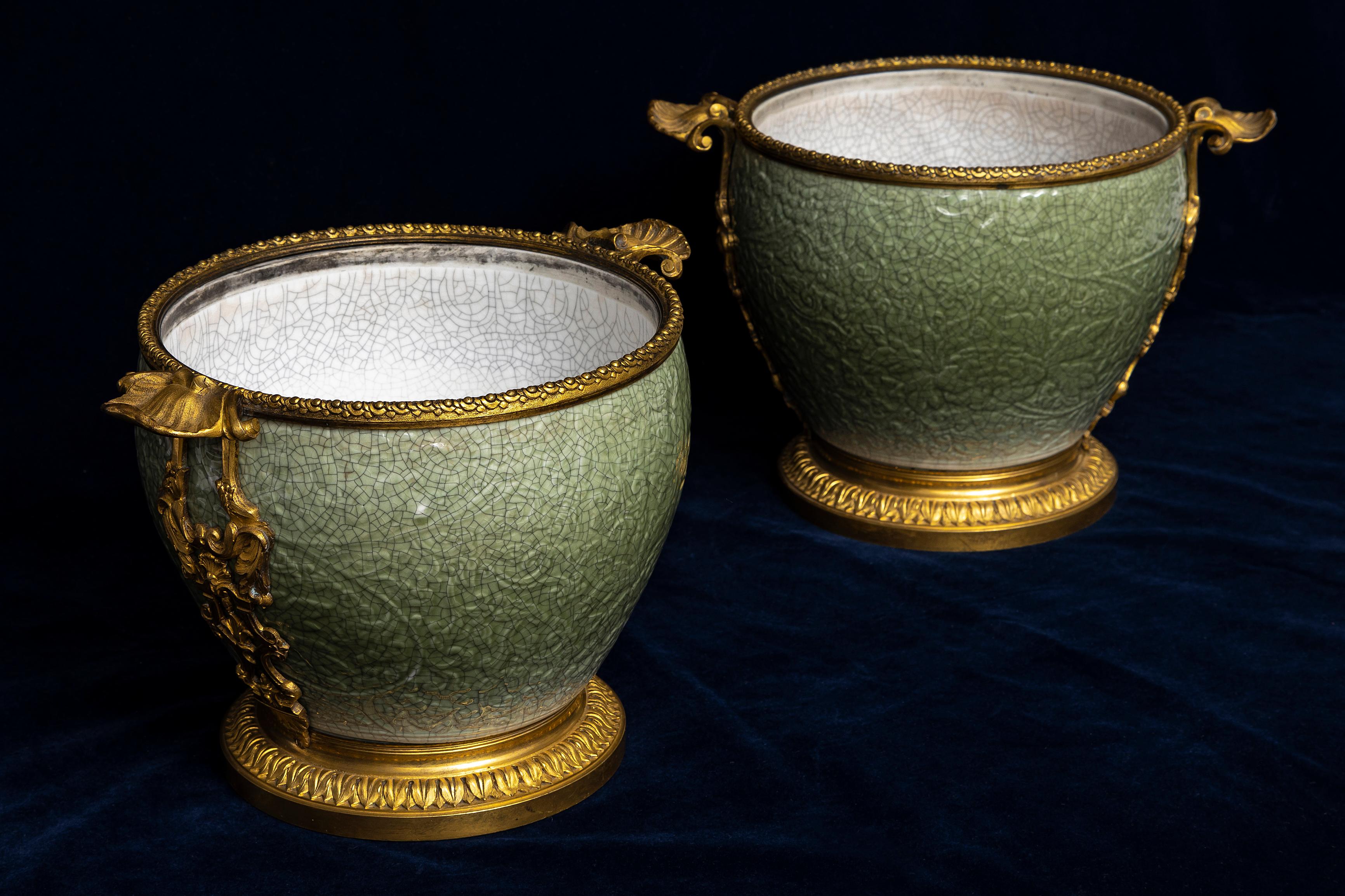 Gilt Pr. 19th C. French Ormolu Mounted Regence Chinese Celadon Crackle Centerpieces For Sale