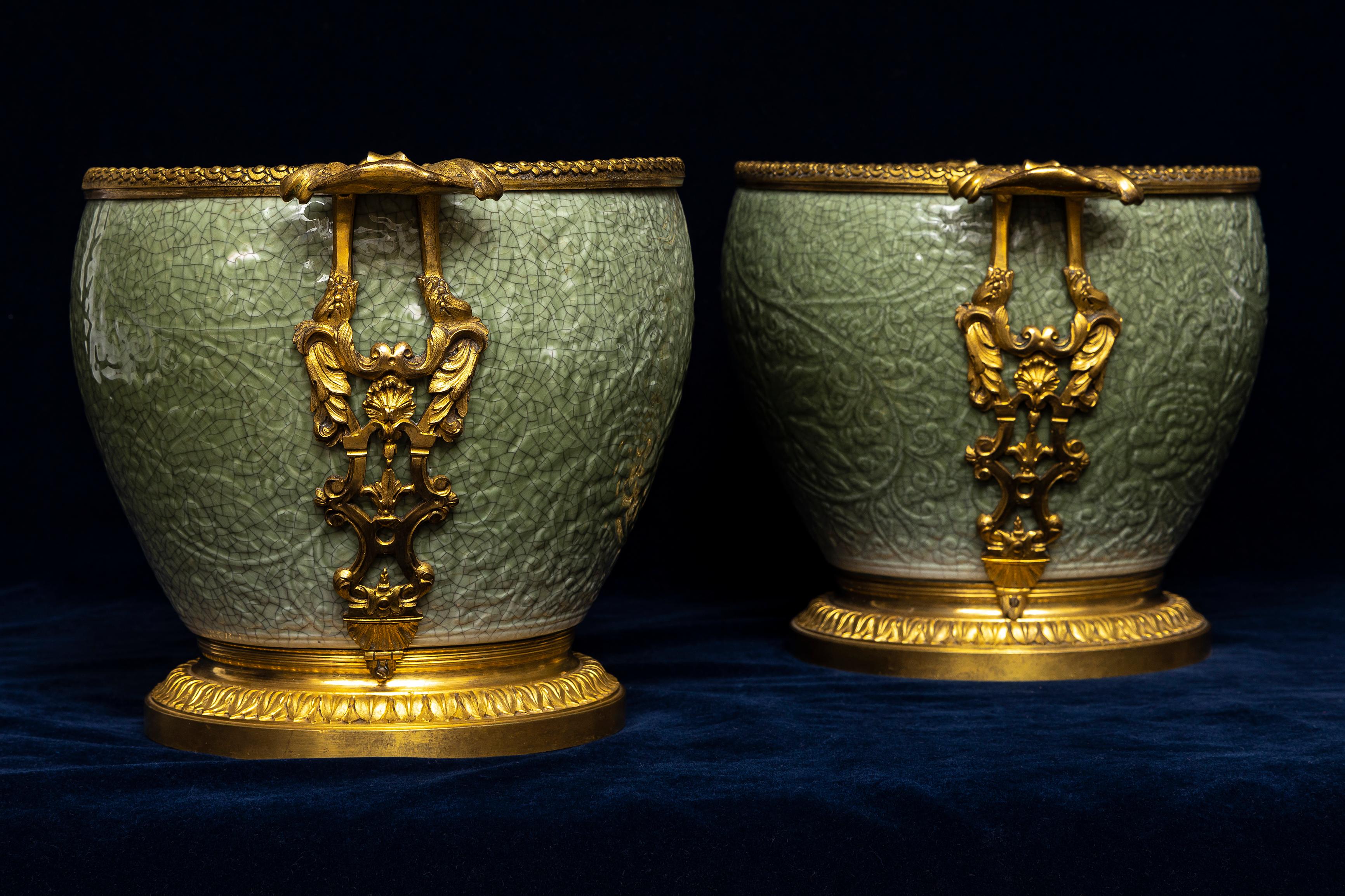 Pr. 19th C. French Ormolu Mounted Regence Chinese Celadon Crackle Centerpieces In Good Condition For Sale In New York, NY