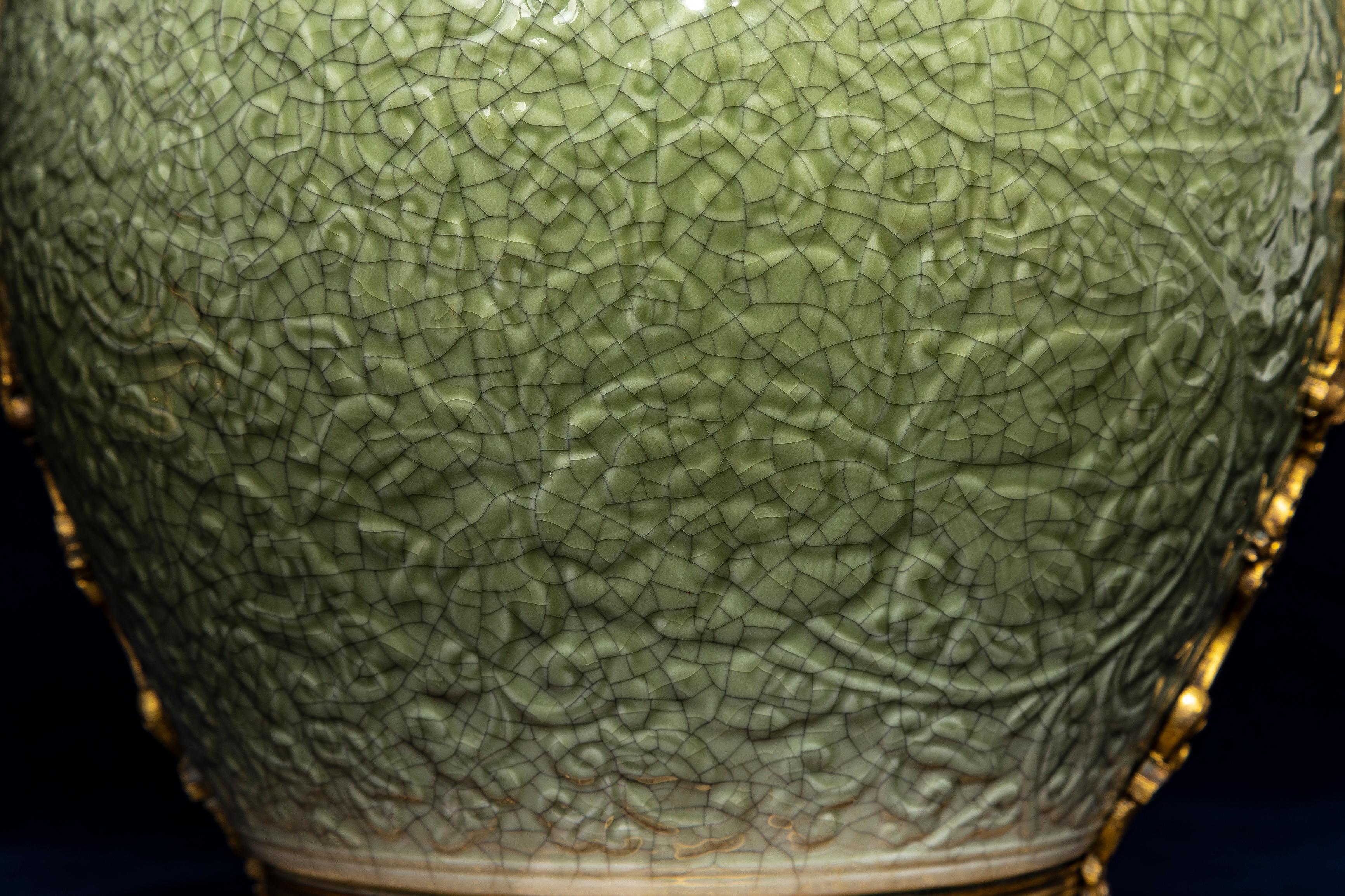 Early 19th Century Pr. 19th C. French Ormolu Mounted Regence Chinese Celadon Crackle Centerpieces For Sale