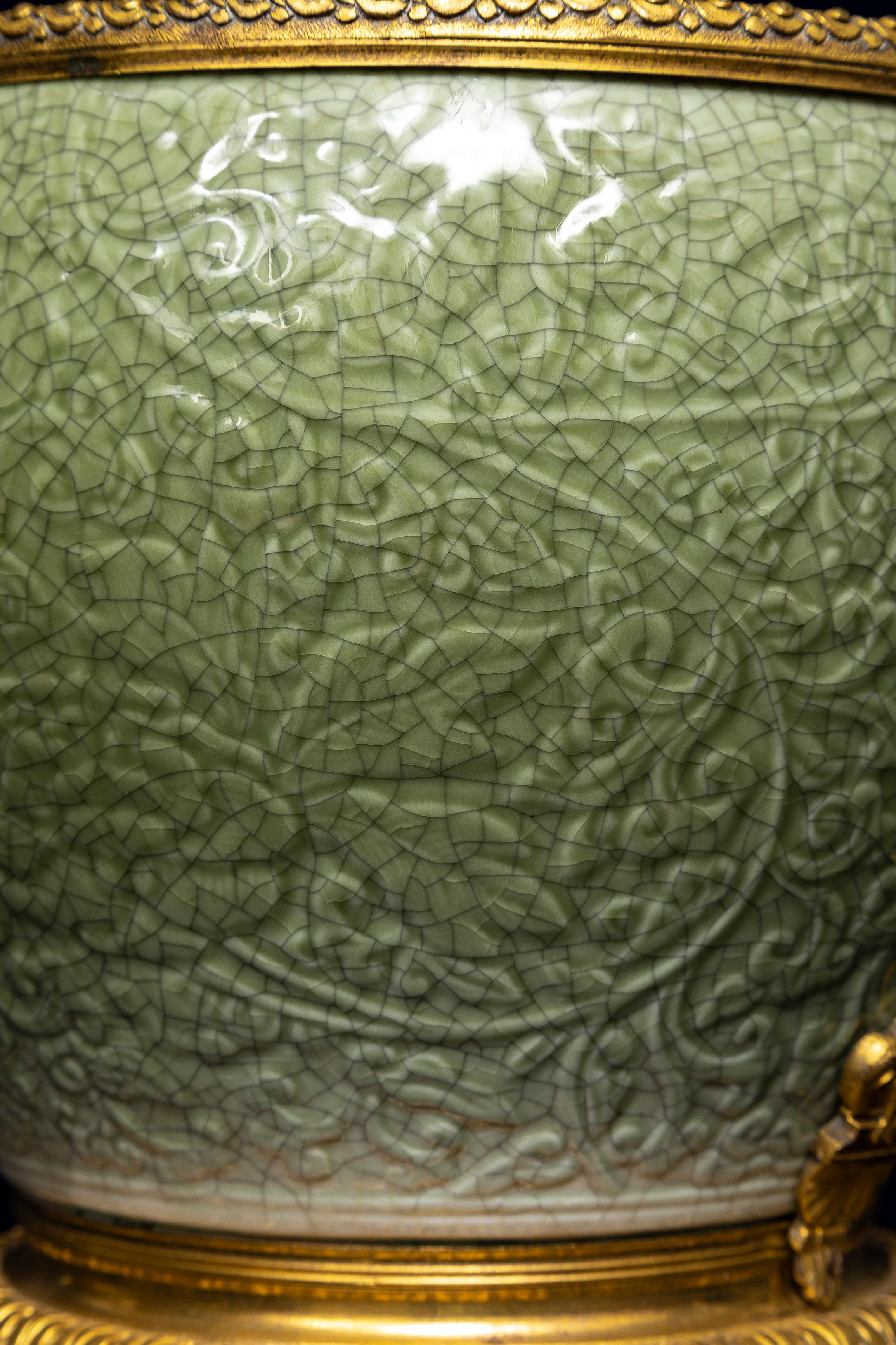 Porcelain Pr. 19th C. French Ormolu Mounted Regence Chinese Celadon Crackle Centerpieces For Sale