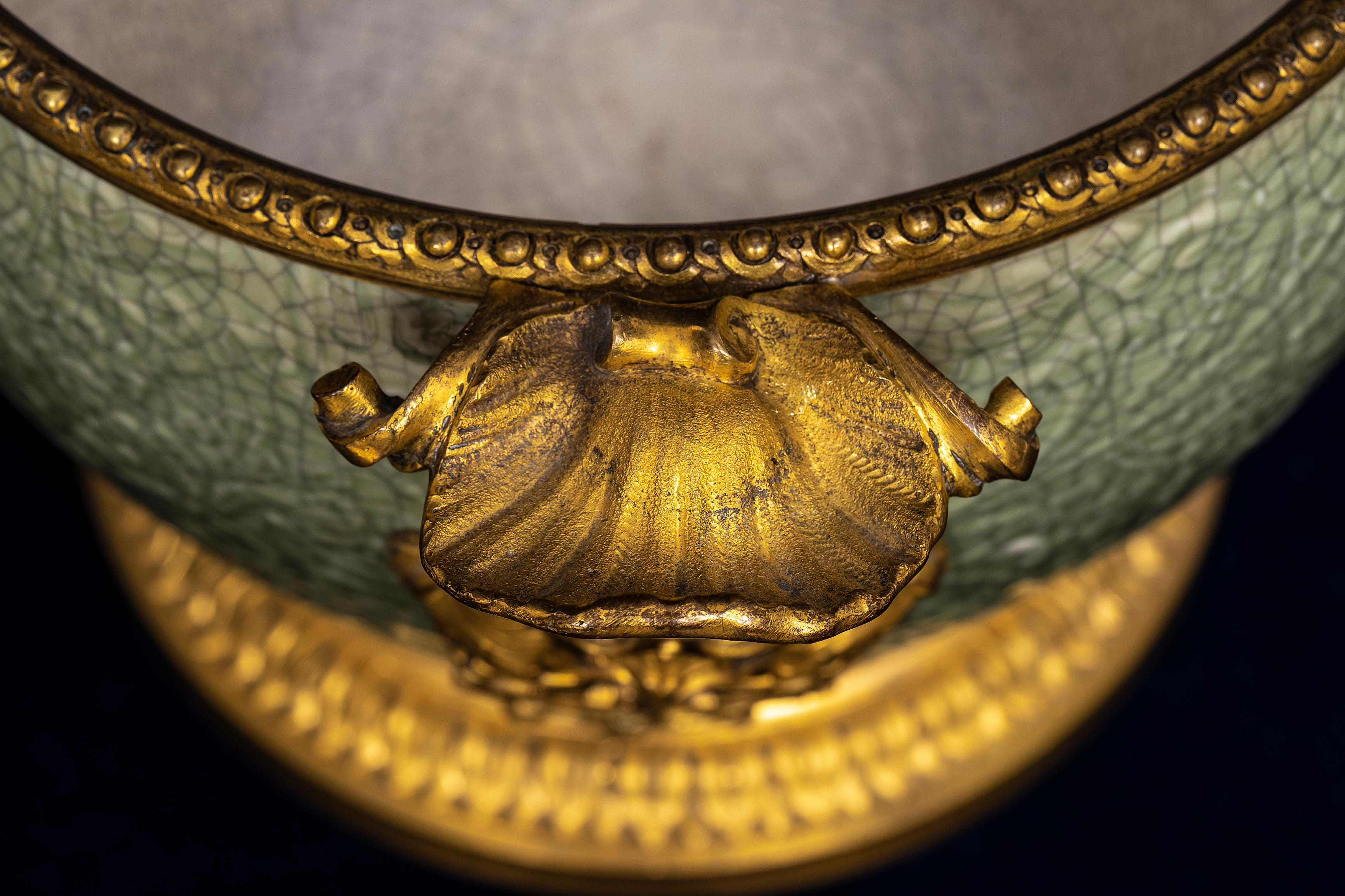Pr. 19th C. French Ormolu Mounted Regence Chinese Celadon Crackle Centerpieces For Sale 1