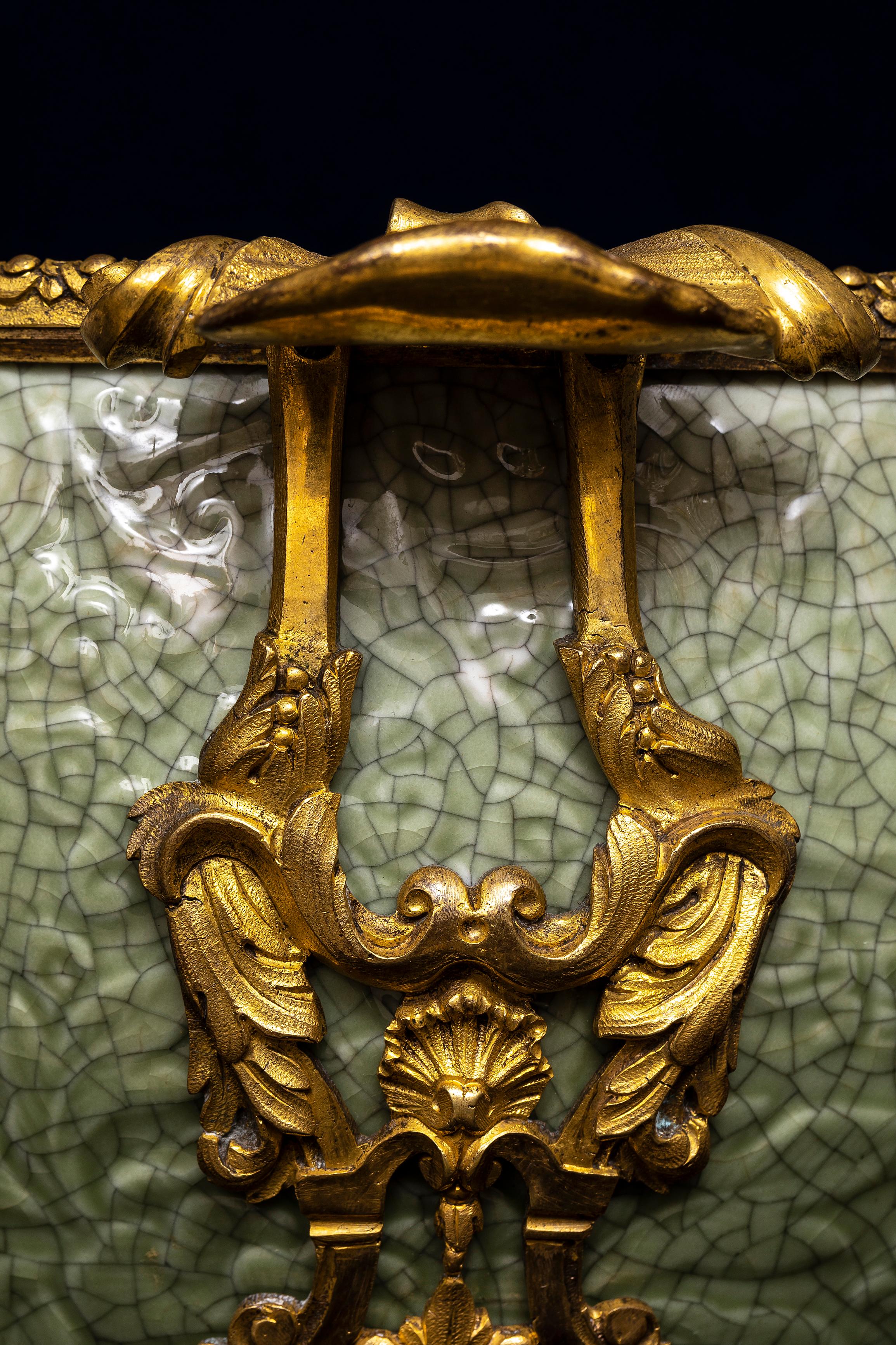 Pr. 19th C. French Ormolu Mounted Regence Chinese Celadon Crackle Centerpieces For Sale 2
