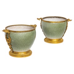 Pr. 19th C. French Ormolu Mounted Regence Chinese Celadon Crackle Centerpieces