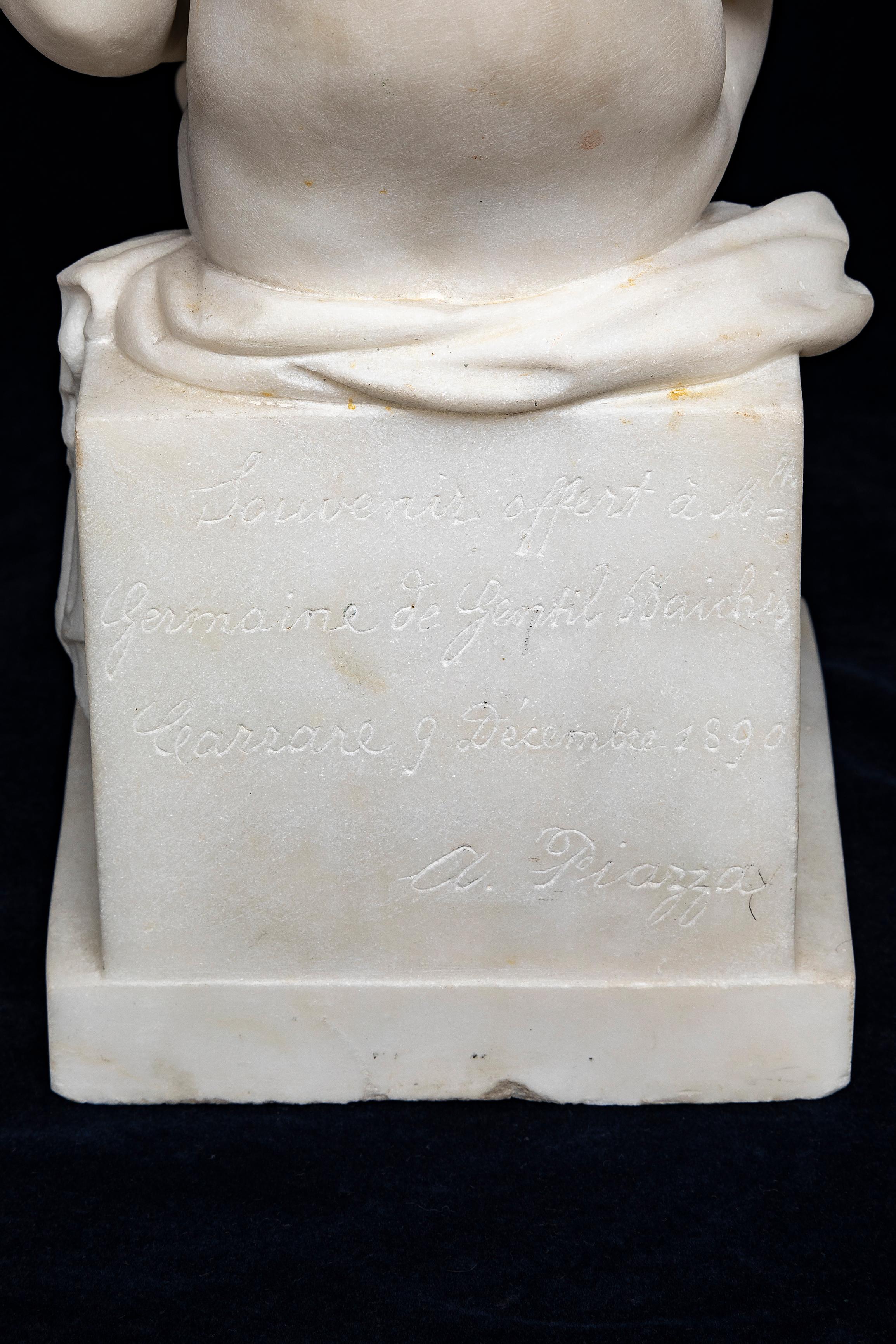Pr. 19th C. Italian Carrara Marble Children Reading & Writing, Signed A. Piazza For Sale 7
