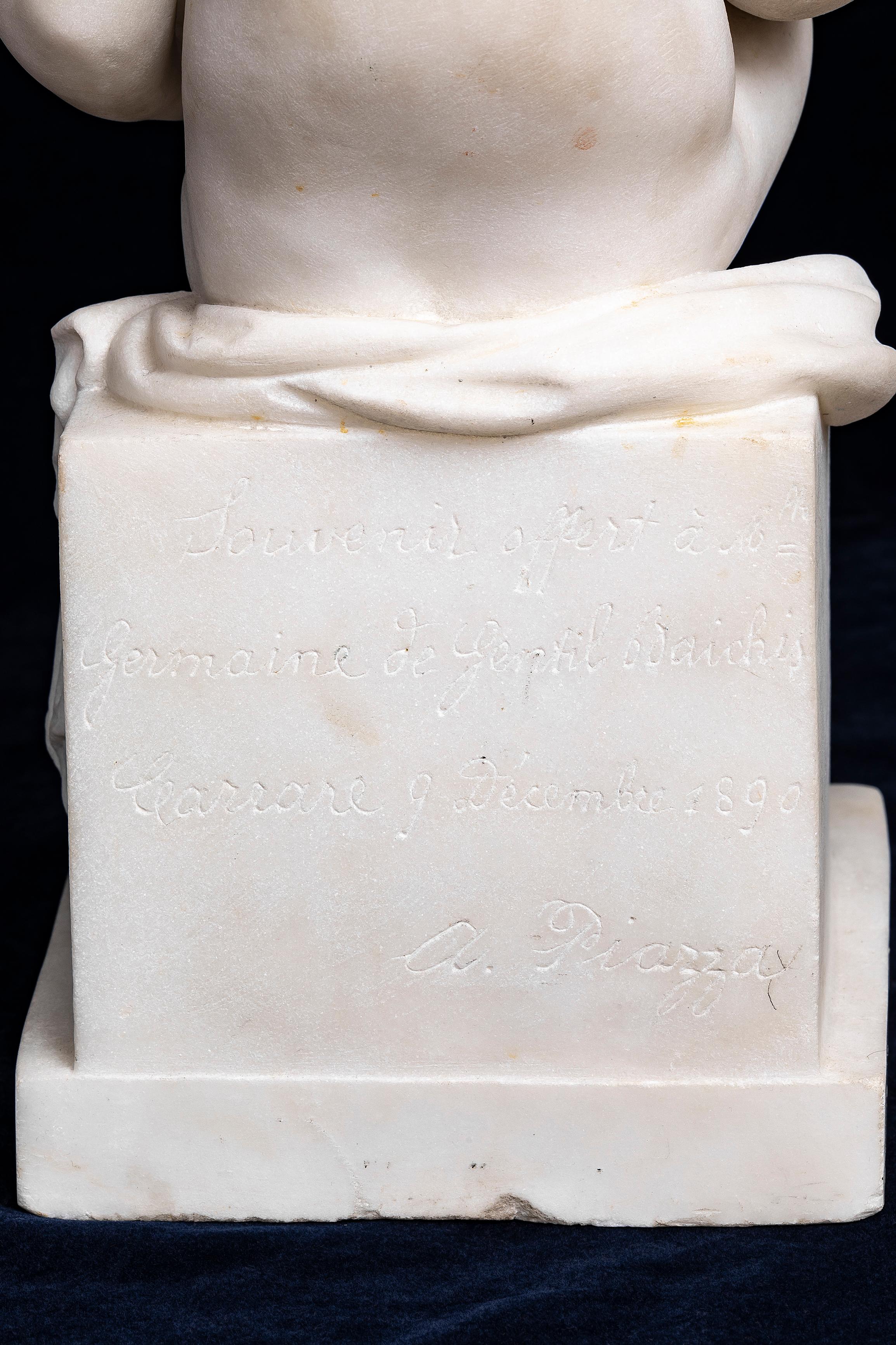 Pr. 19th C. Italian Carrara Marble Children Reading & Writing, Signed A. Piazza For Sale 8