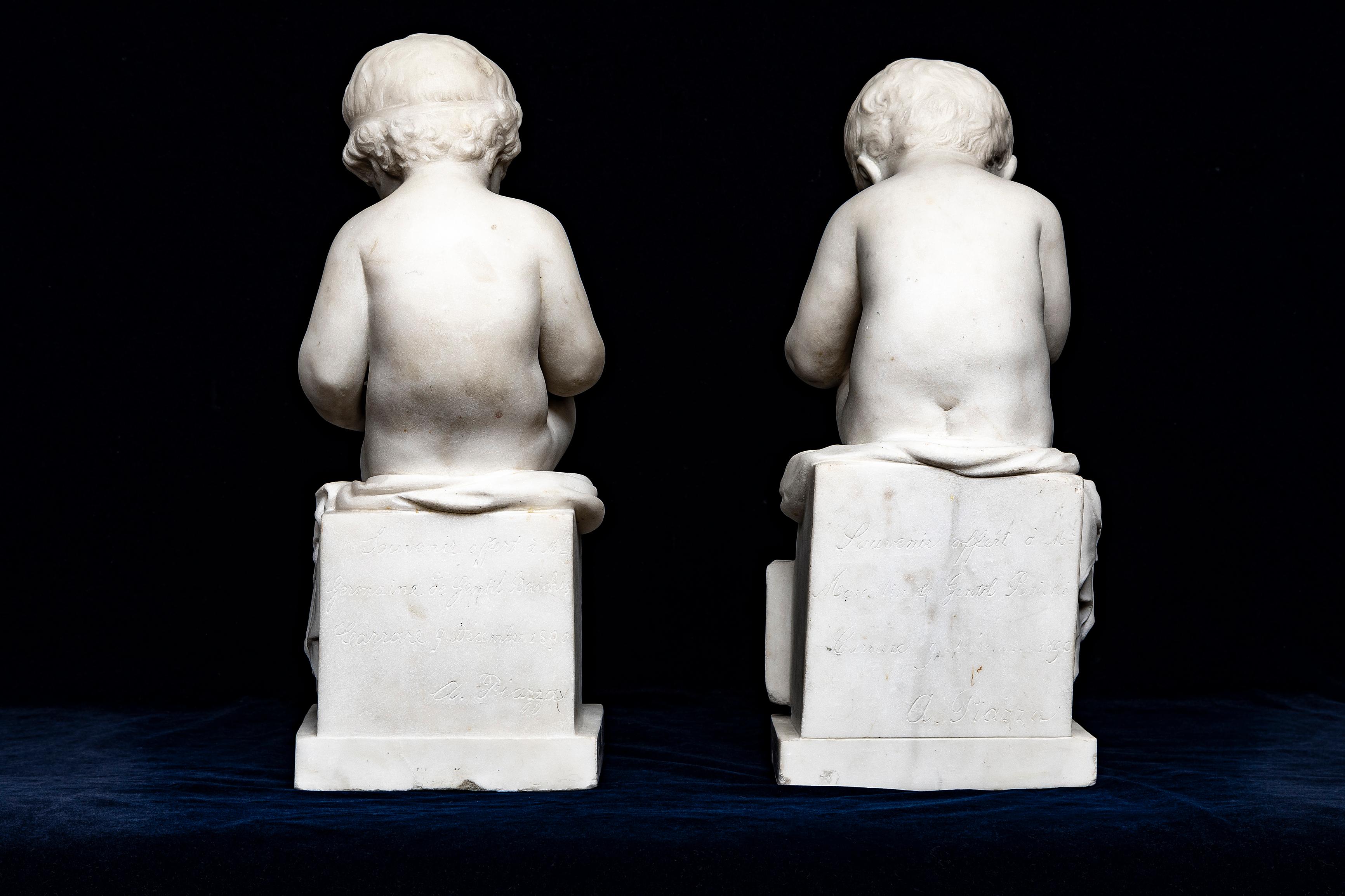 A Pair of 19th Century Italian Hand-Carved and Hand-Polished Carrara Marble Models of Children Reading and Writing, Signed A. Piazza, After Antonio Canova.  Antonio Canova (1757–1822), the renowned Italian neoclassical sculptor, is celebrated for