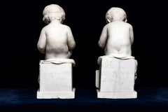 Pr. 19th C. Italian Carrara Marble Children Reading & Writing, Signed A. Piazza