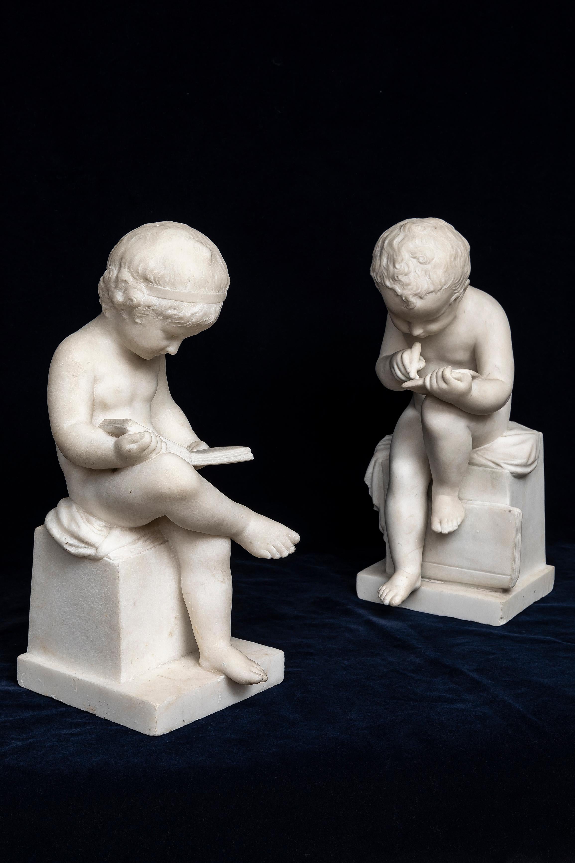 Neoclassical Pr. 19th C. Italian Carrara Marble Children Reading & Writing, Signed A. Piazza For Sale