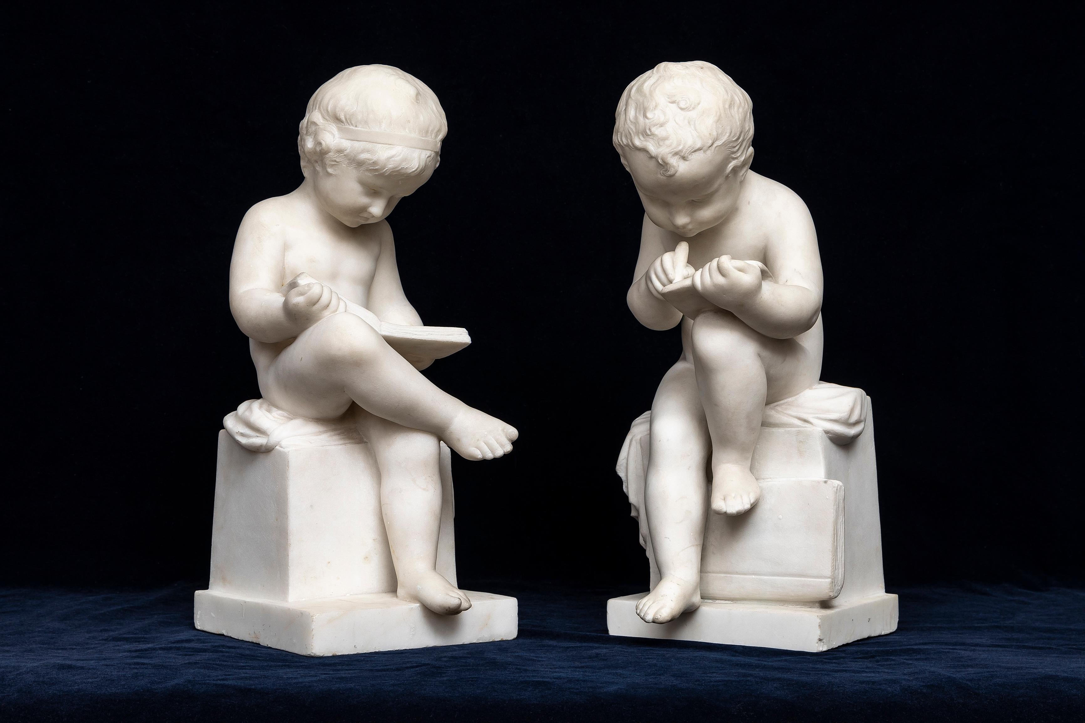 Hand-Carved Pr. 19th C. Italian Carrara Marble Children Reading & Writing, Signed A. Piazza For Sale