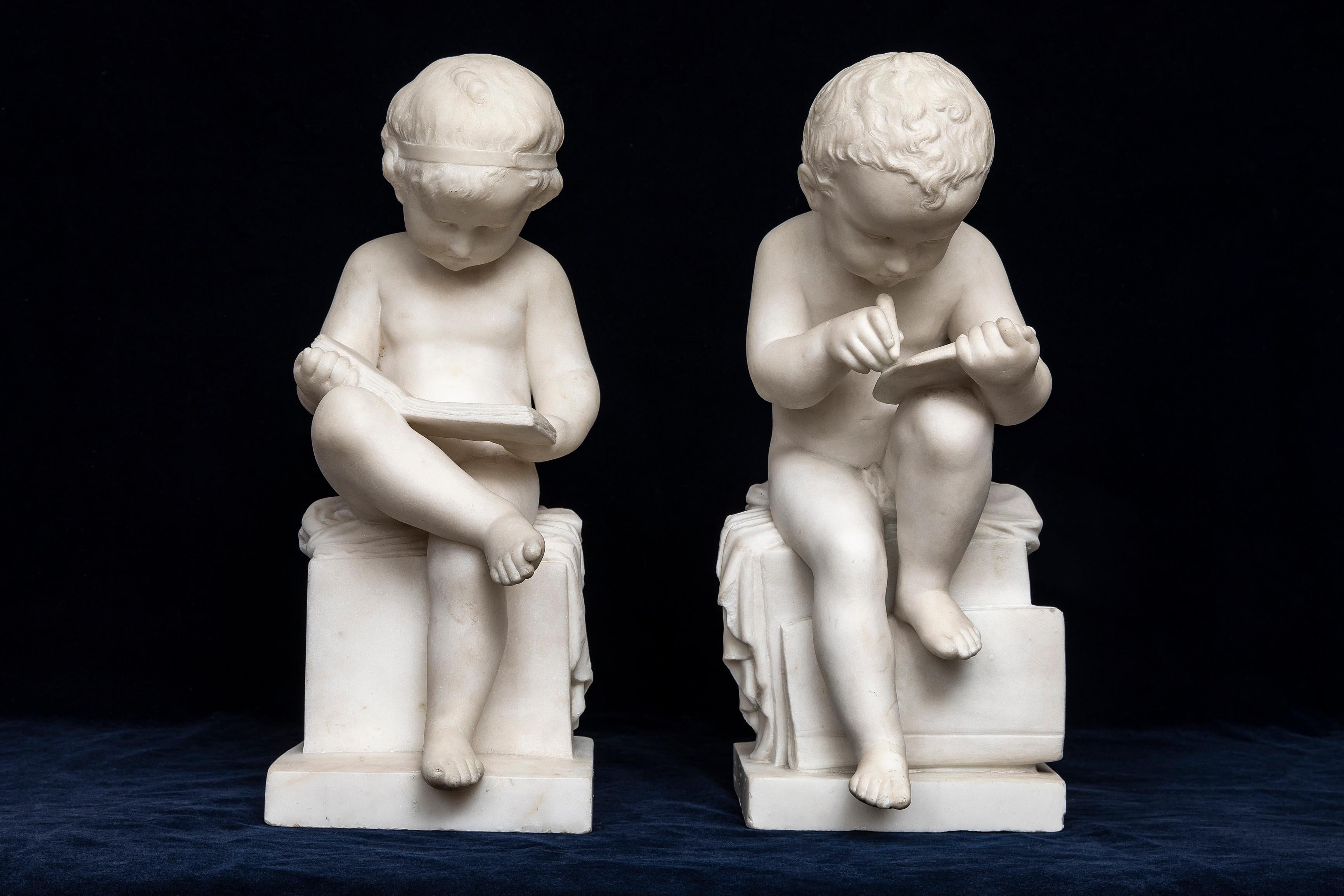Pr. 19th C. Italian Carrara Marble Children Reading & Writing, Signed A. Piazza In Good Condition For Sale In New York, NY