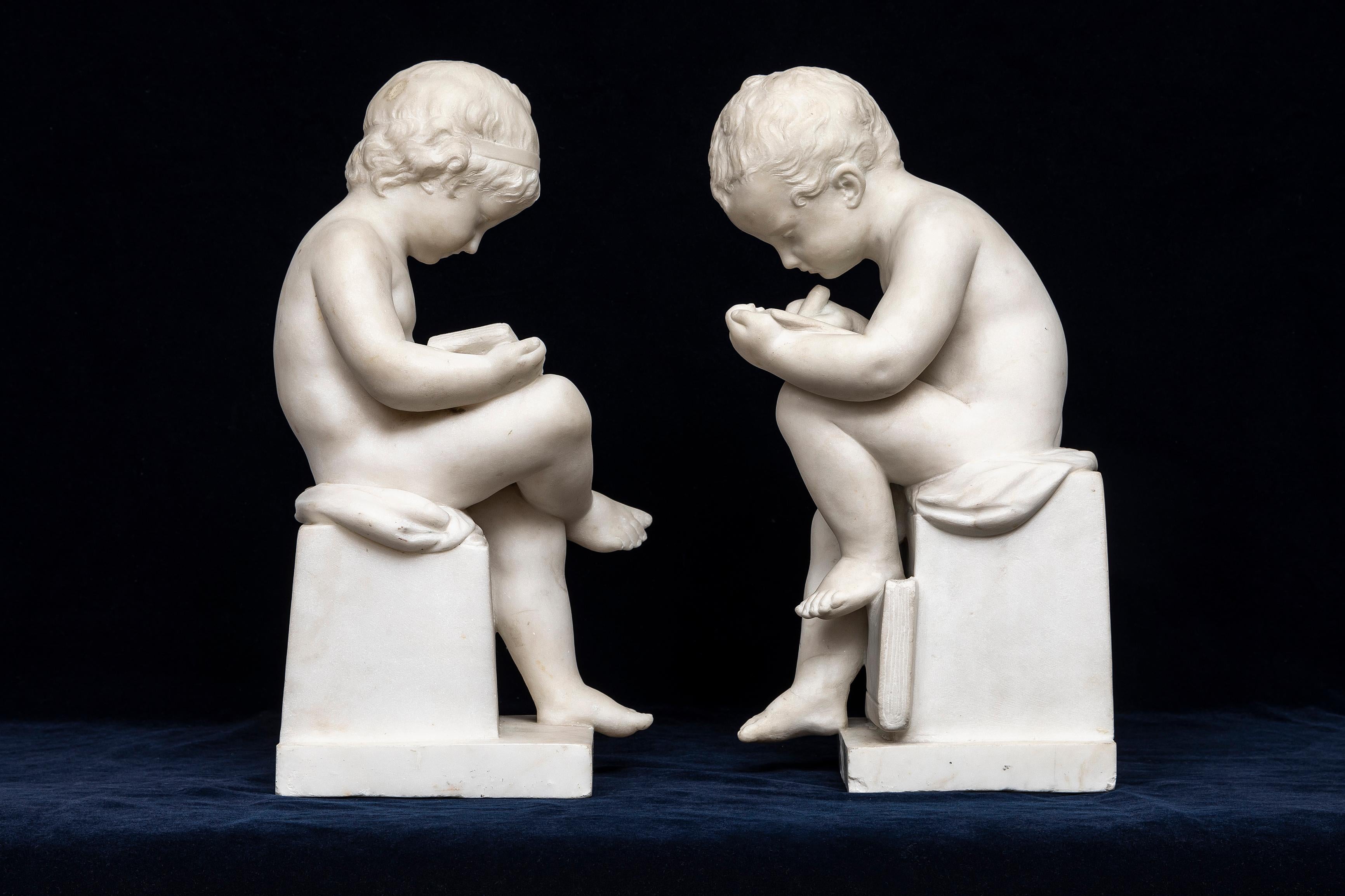 Late 19th Century Pr. 19th C. Italian Carrara Marble Children Reading & Writing, Signed A. Piazza For Sale