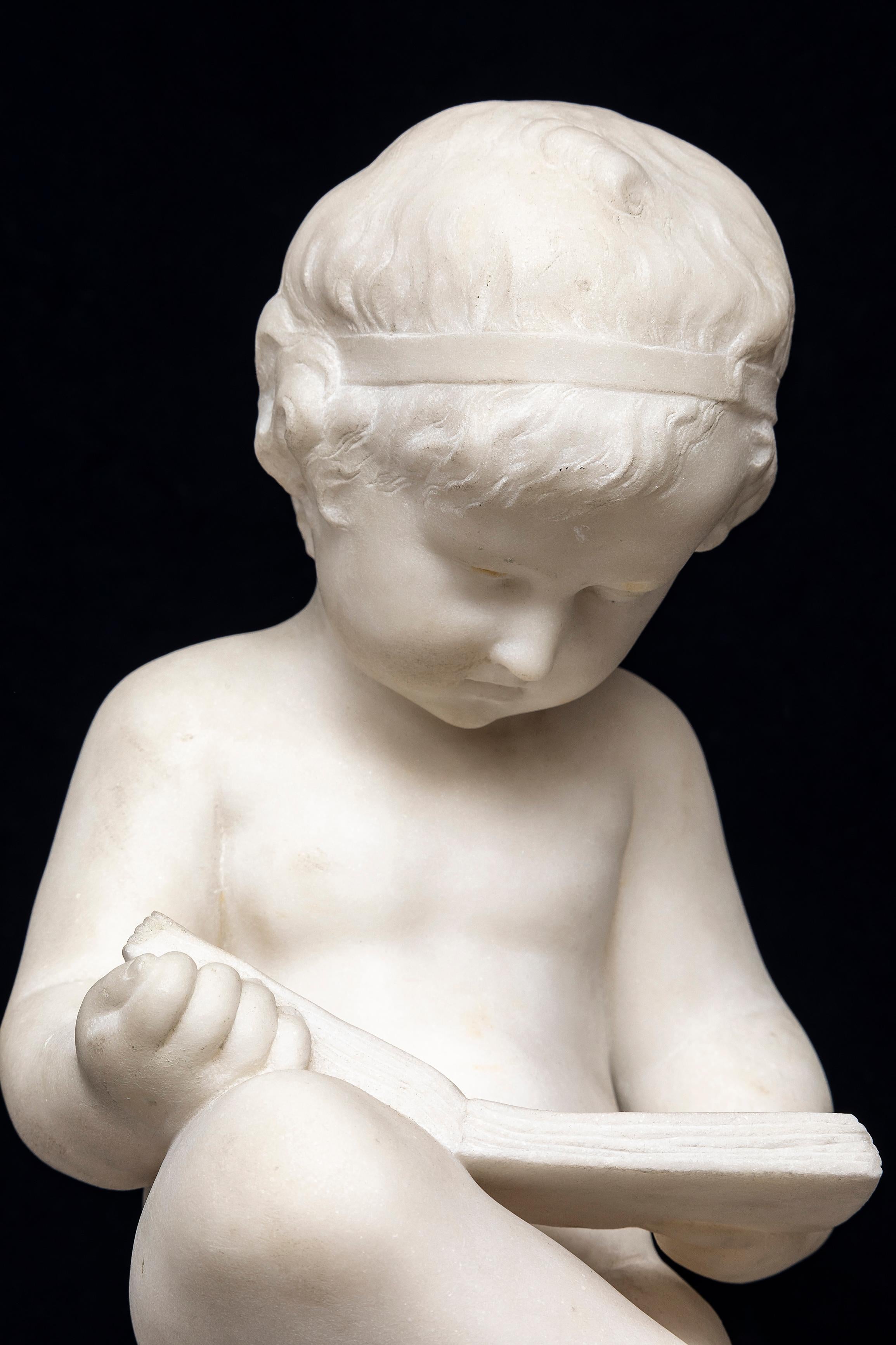 Pr. 19th C. Italian Carrara Marble Children Reading & Writing, Signed A. Piazza For Sale 1