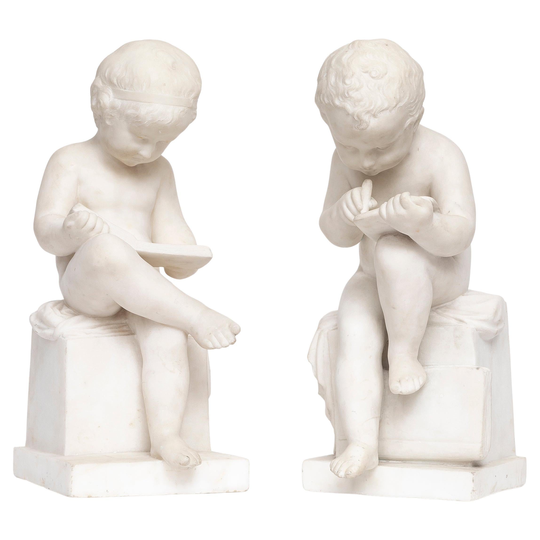 Pr. 19th C. Italian Carrara Marble Children Reading & Writing, Signed A. Piazza