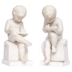 Pr. XIX Mármol italiano de Carrara Niños leyendo y escribiendo, Firmado A. Piazza