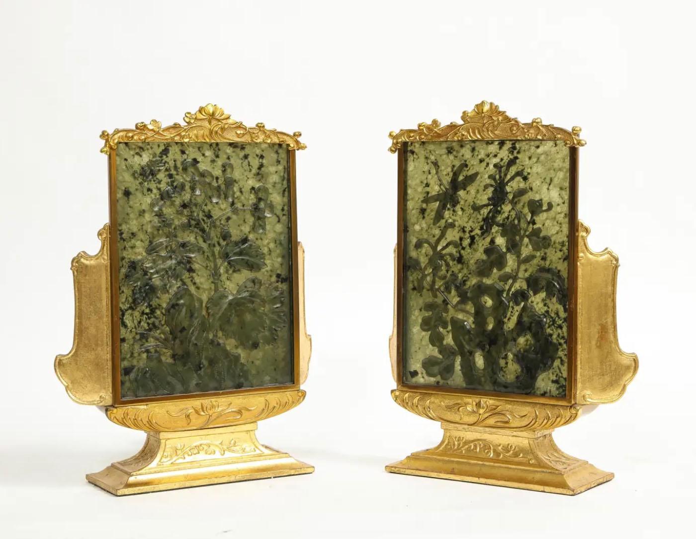 Pr. XIX Ormolu/Giltwood Mtd. Placas chinas de jade verde como lámparas, Ed. Agricultor Luis XVI en venta