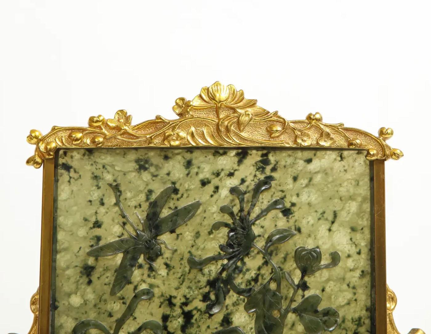 Pr. XIX Ormolu/Giltwood Mtd. Placas chinas de jade verde como lámparas, Ed. Agricultor Tallado a mano en venta