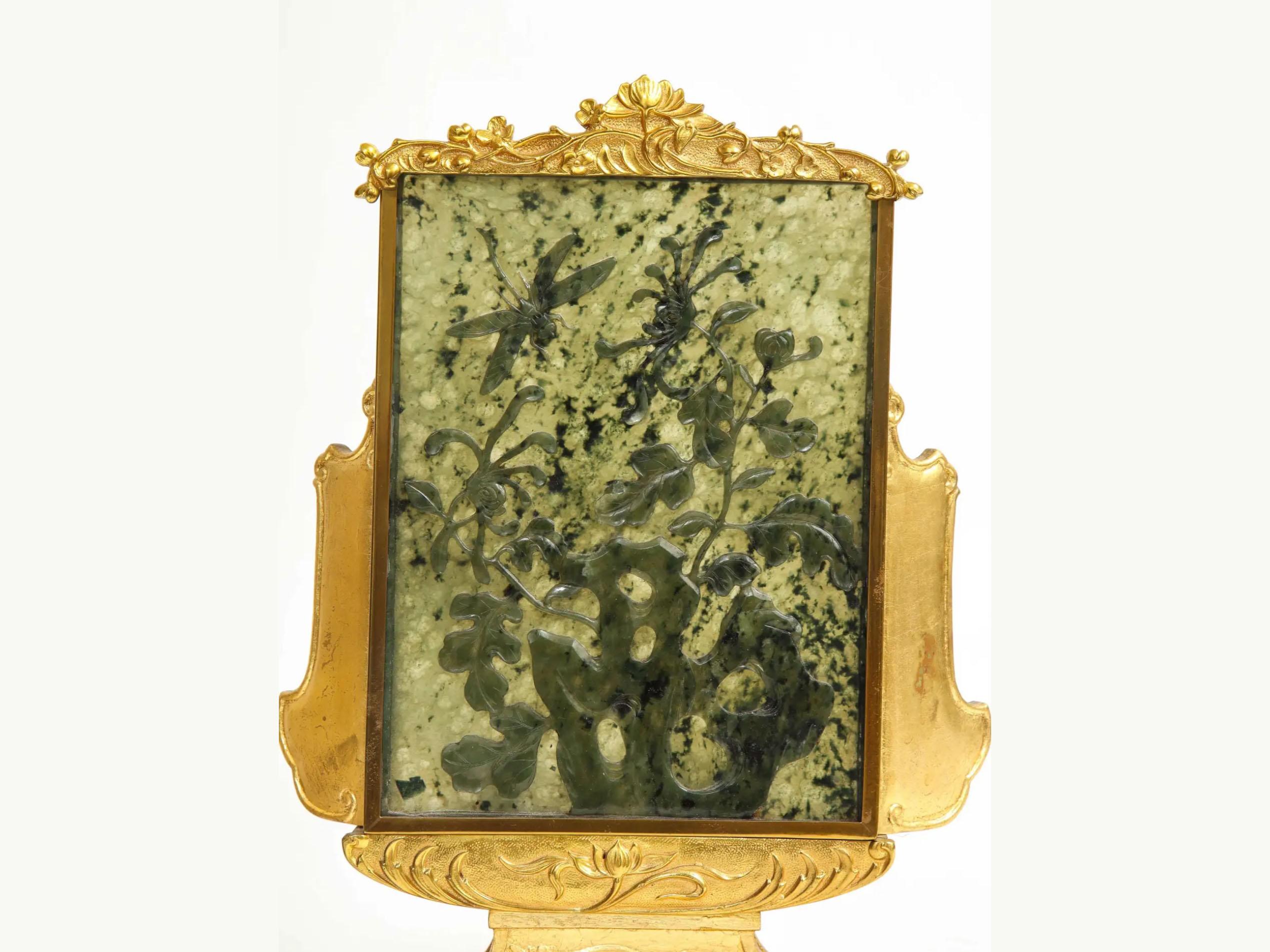 Pr. XIX Ormolu/Giltwood Mtd. Placas chinas de jade verde como lámparas, Ed. Agricultor en Bueno estado para la venta en New York, NY