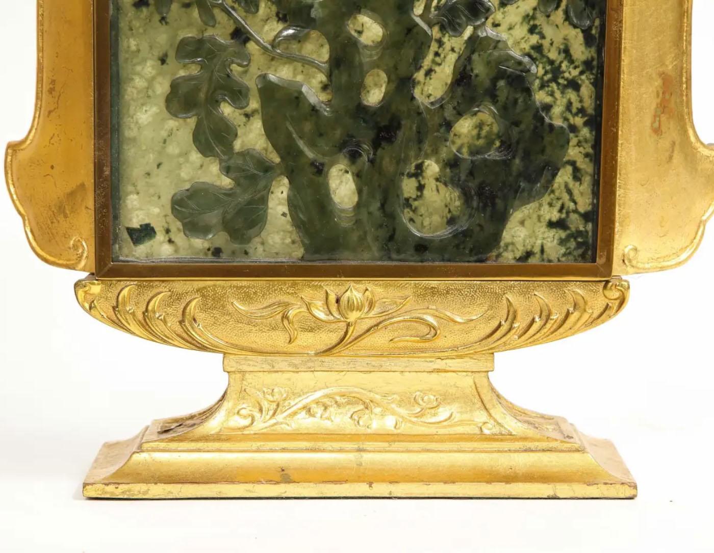 Pr. XIX Ormolu/Giltwood Mtd. Placas chinas de jade verde como lámparas, Ed. Agricultor Bronce en venta