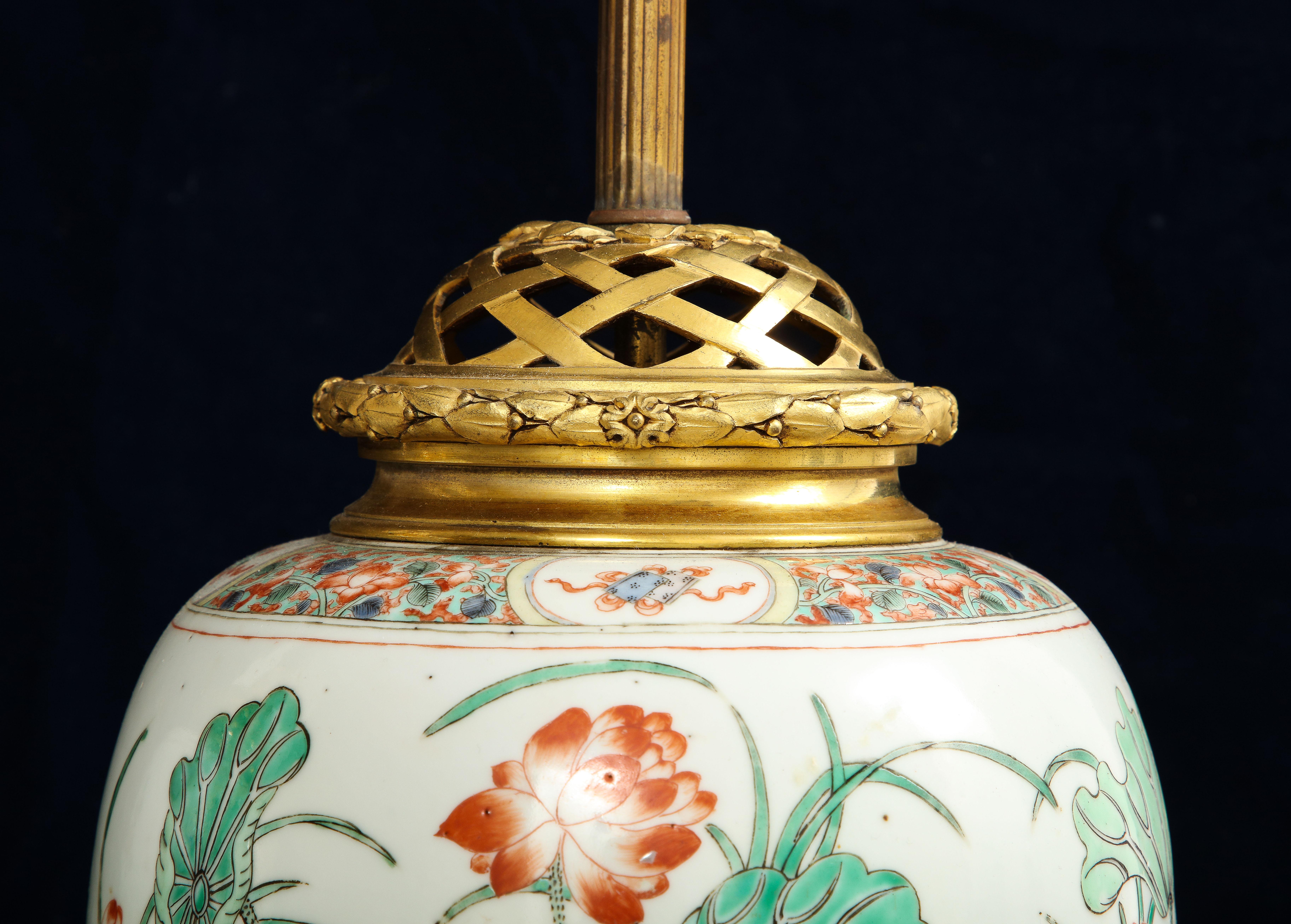 Pair 19th C Ormolu Mounted Chinese Famille Verte Porcelain Vases Turned to Lamps For Sale 2