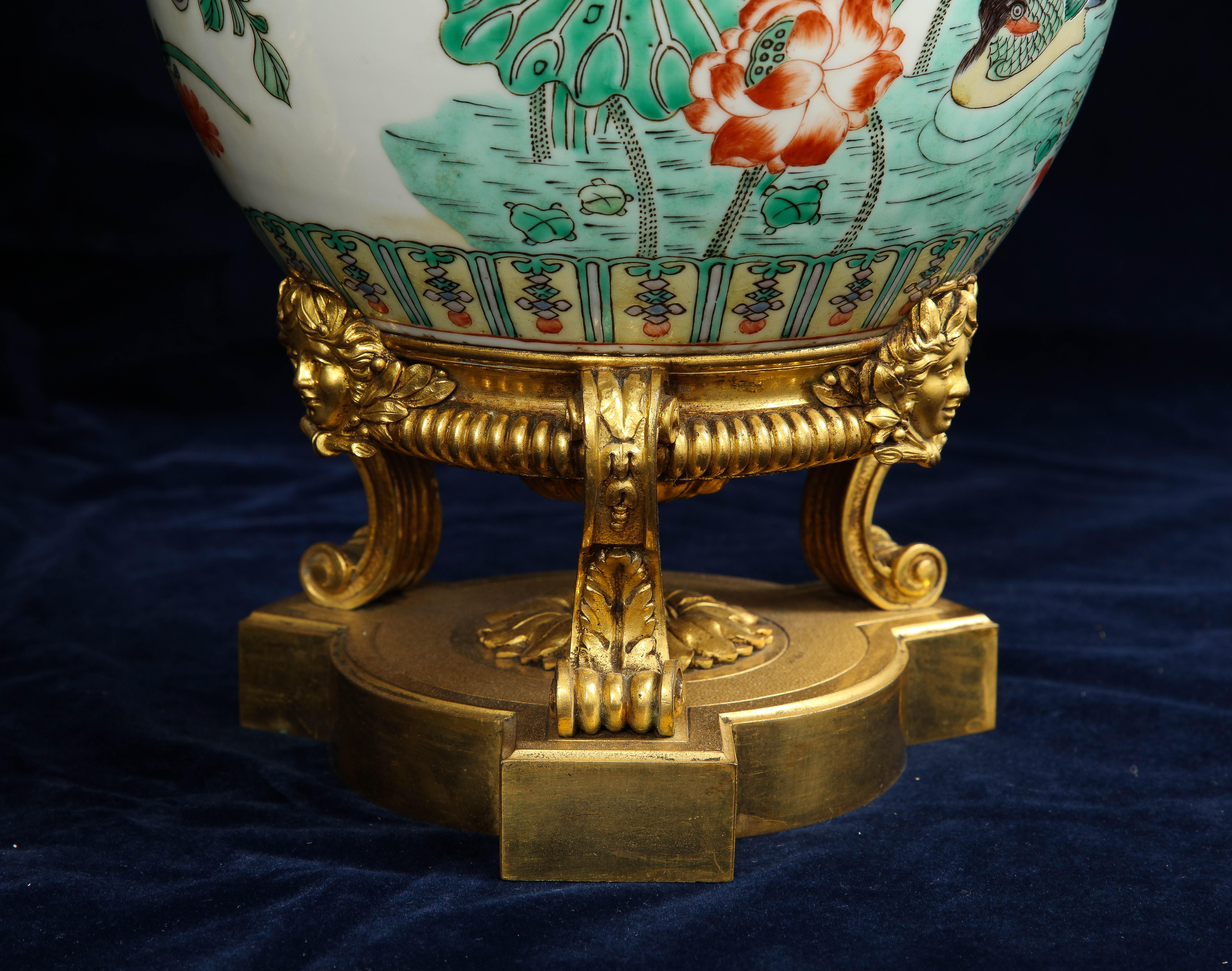 Pair 19th C Ormolu Mounted Chinese Famille Verte Porcelain Vases Turned to Lamps For Sale 5