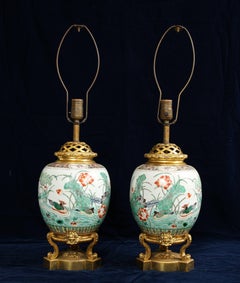 Pair 19th C Ormolu Mounted Chinese Famille Verte Porcelain Vases Turned to Lamps