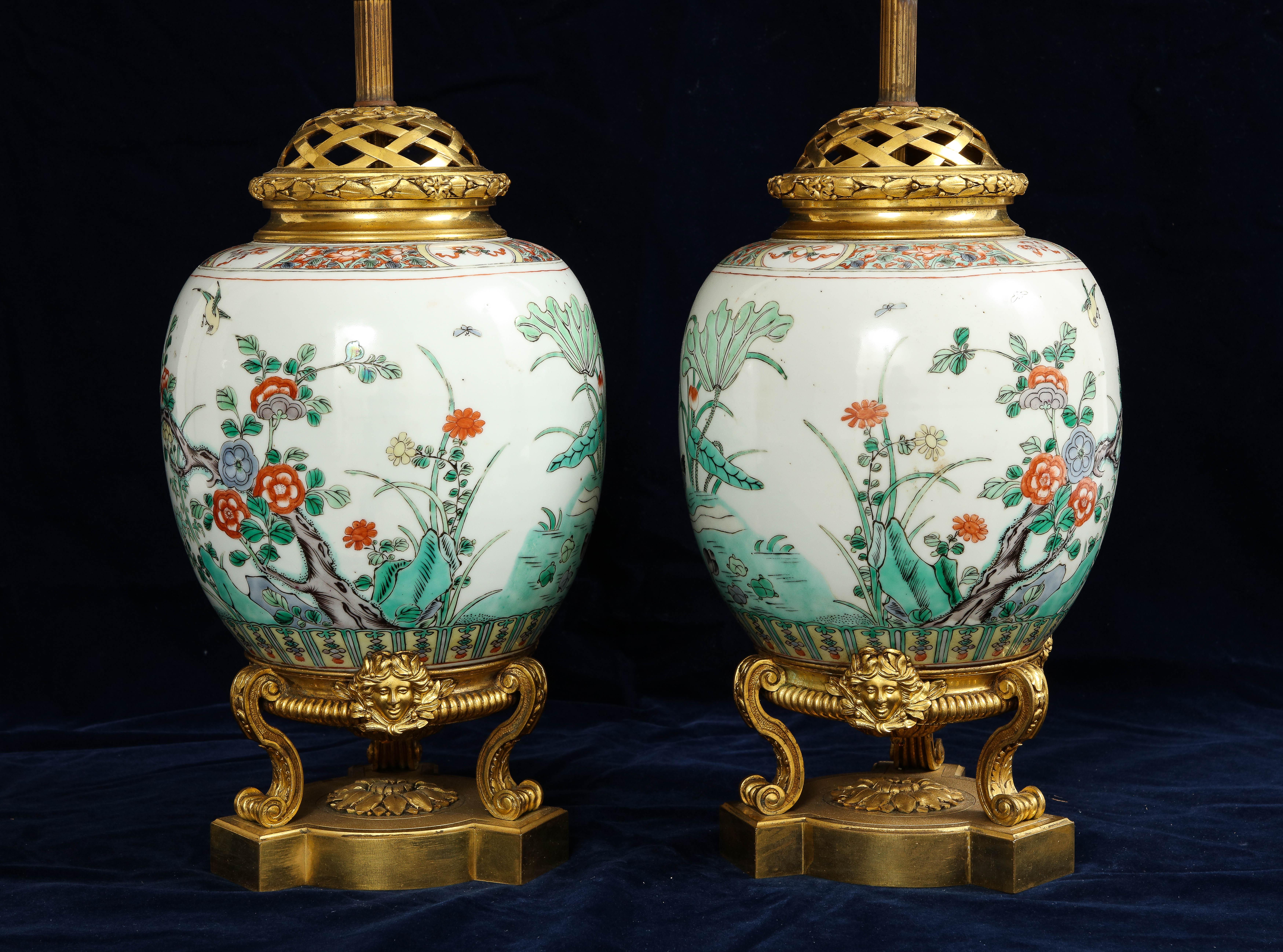 Hand-Painted Pair 19th C Ormolu Mounted Chinese Famille Verte Porcelain Vases Turned to Lamps For Sale