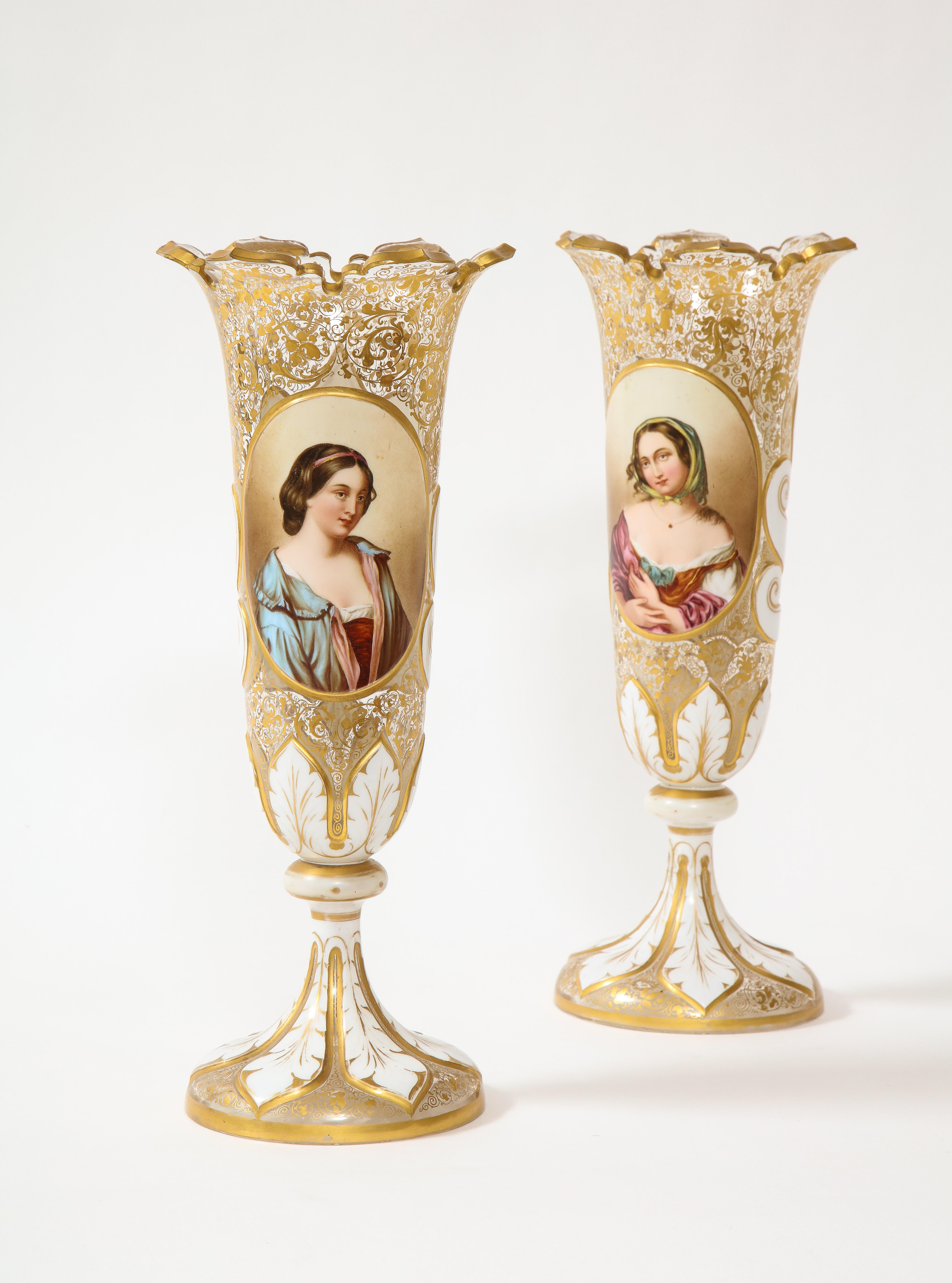 Czech Pr. 19th Century Antique Bohemian White Over Clear Crystal Maiden Portrait Vases For Sale