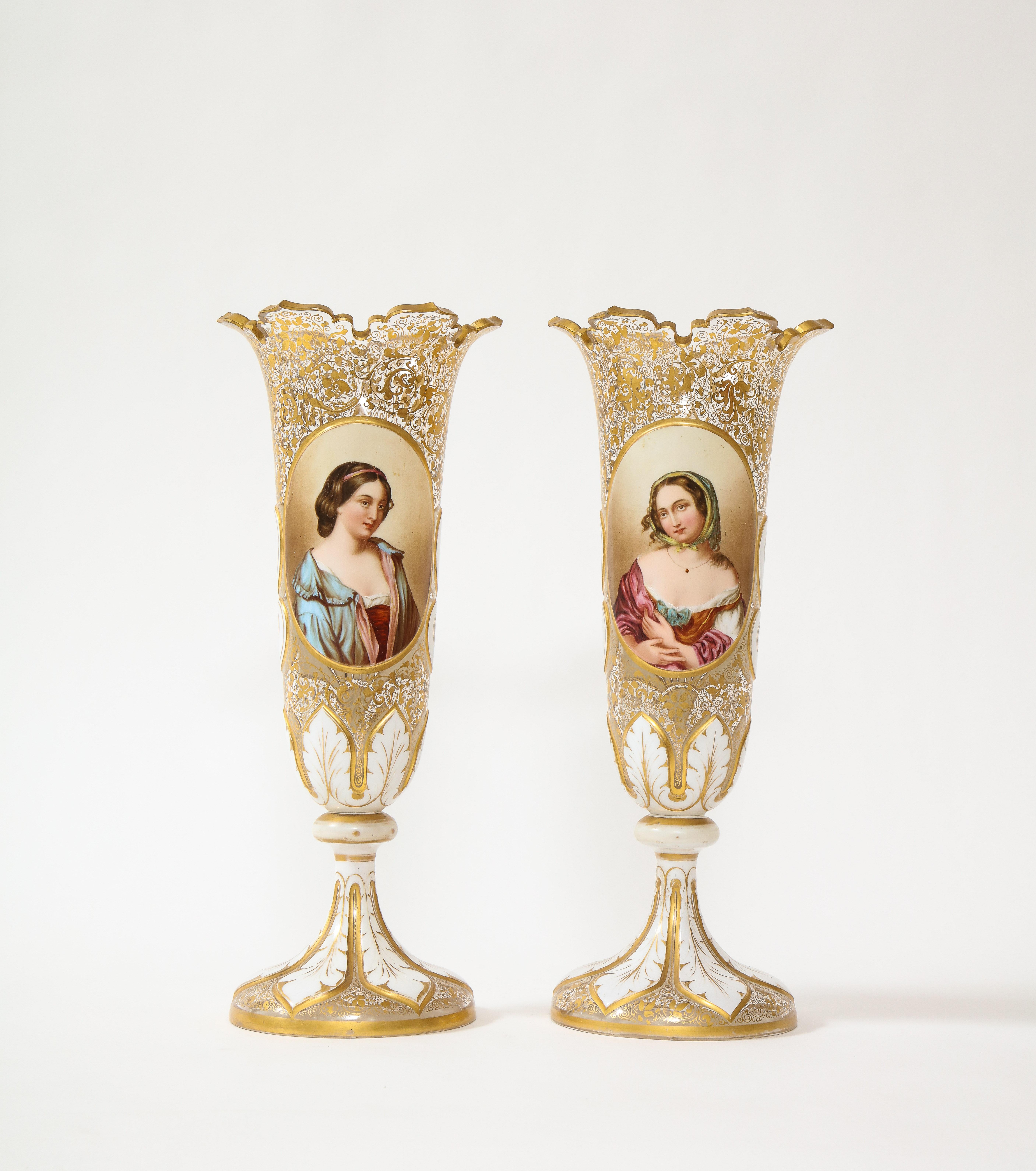 Pr. 19th Century Antique Bohemian White Over Clear Crystal Maiden Portrait Vases In Good Condition For Sale In New York, NY