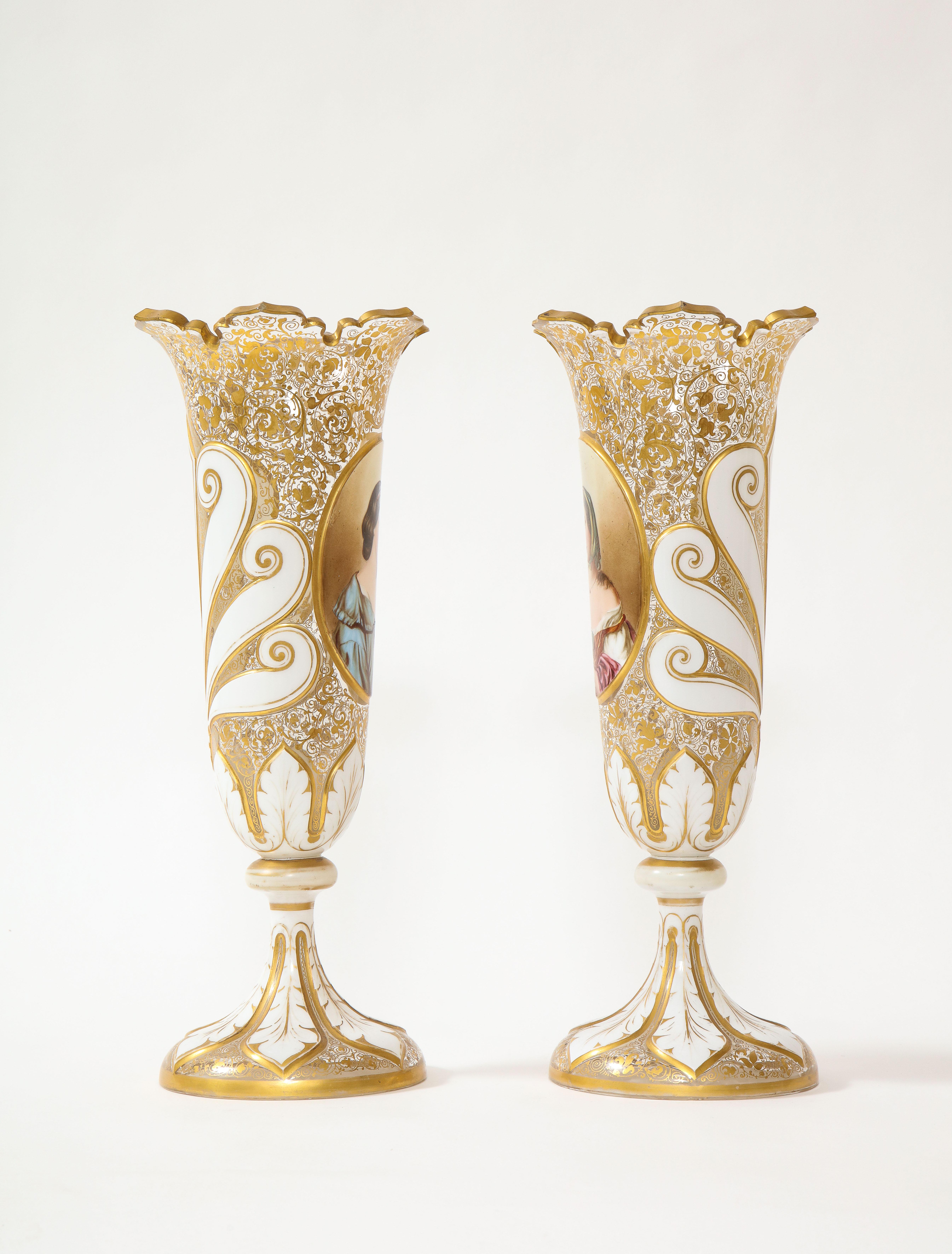 Pr. 19th Century Antique Bohemian White Over Clear Crystal Maiden Portrait Vases For Sale 1