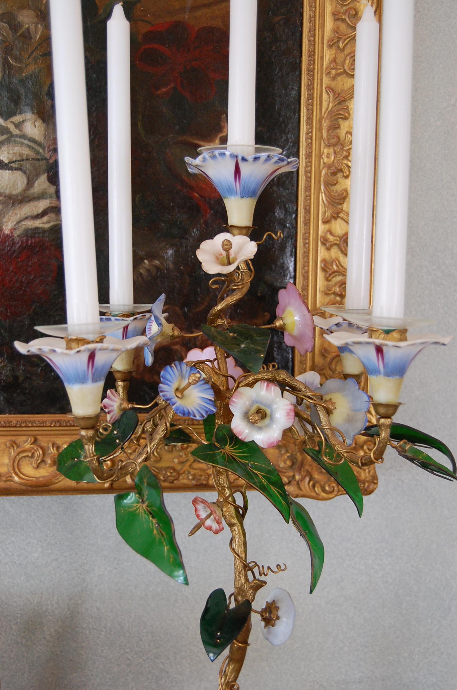 Pair 19th Century Candelabra with Gilt Bronze Stems, Glass & Porcelain Flowers For Sale 3