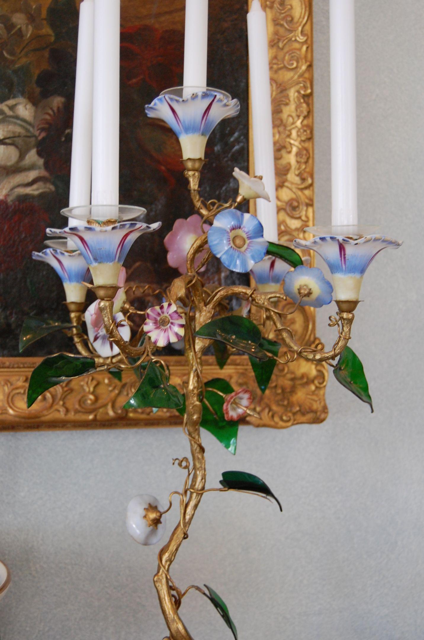 Pair 19th Century Candelabra with Gilt Bronze Stems, Glass & Porcelain Flowers For Sale 4