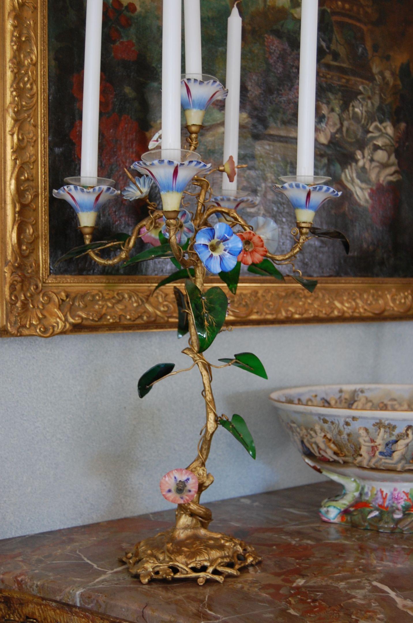 Victorian Pair 19th Century Candelabra with Gilt Bronze Stems, Glass & Porcelain Flowers For Sale