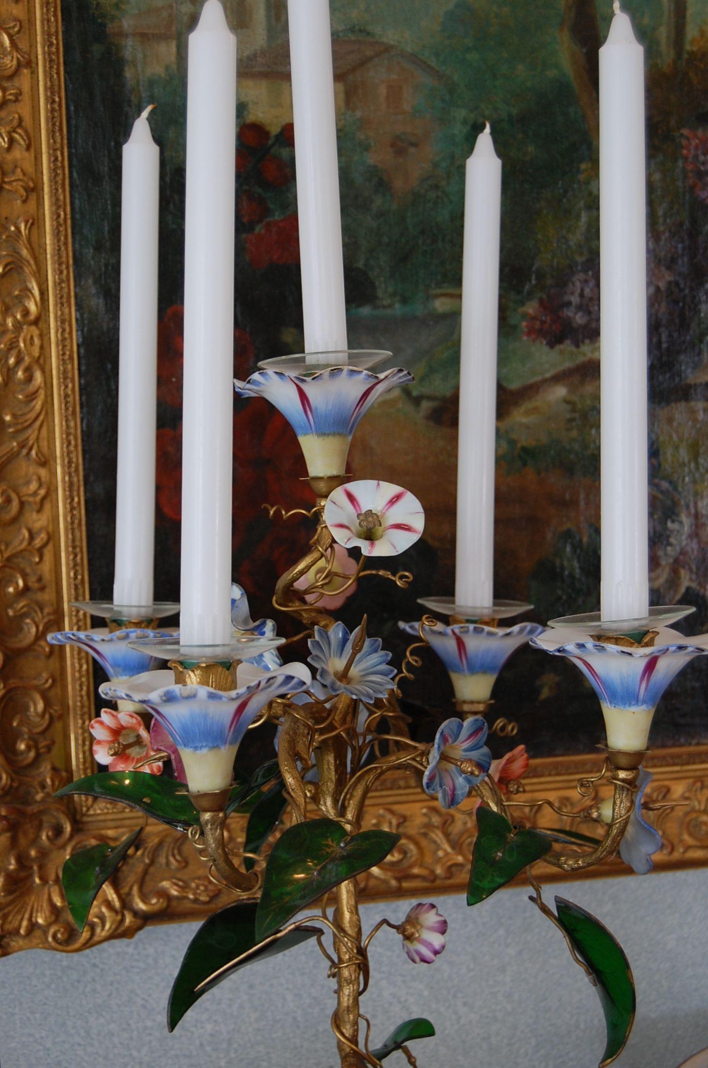 Austrian Pair 19th Century Candelabra with Gilt Bronze Stems, Glass & Porcelain Flowers For Sale