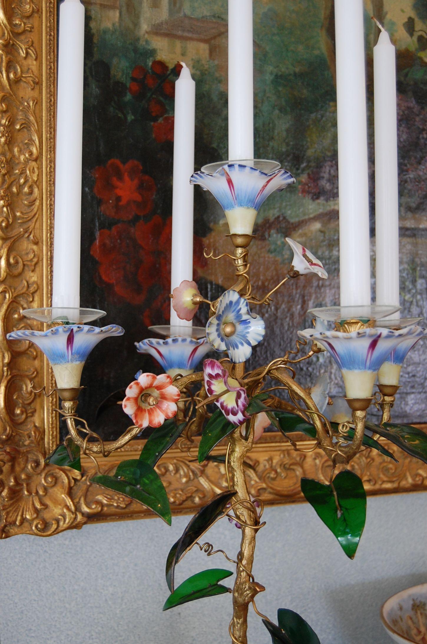 Pair 19th Century Candelabra with Gilt Bronze Stems, Glass & Porcelain Flowers In Good Condition For Sale In Pittsburgh, PA