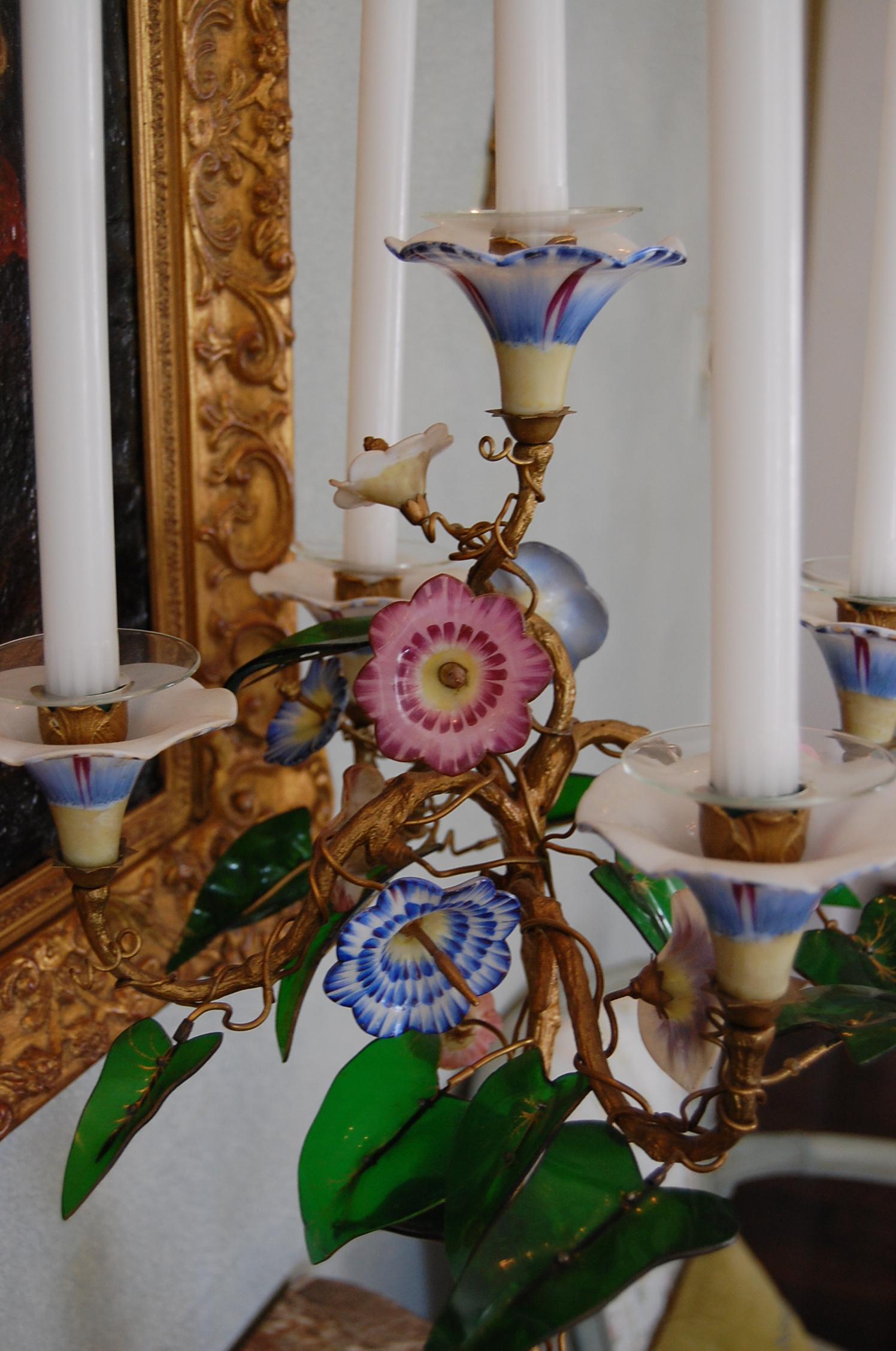 Art Glass Pair 19th Century Candelabra with Gilt Bronze Stems, Glass & Porcelain Flowers For Sale