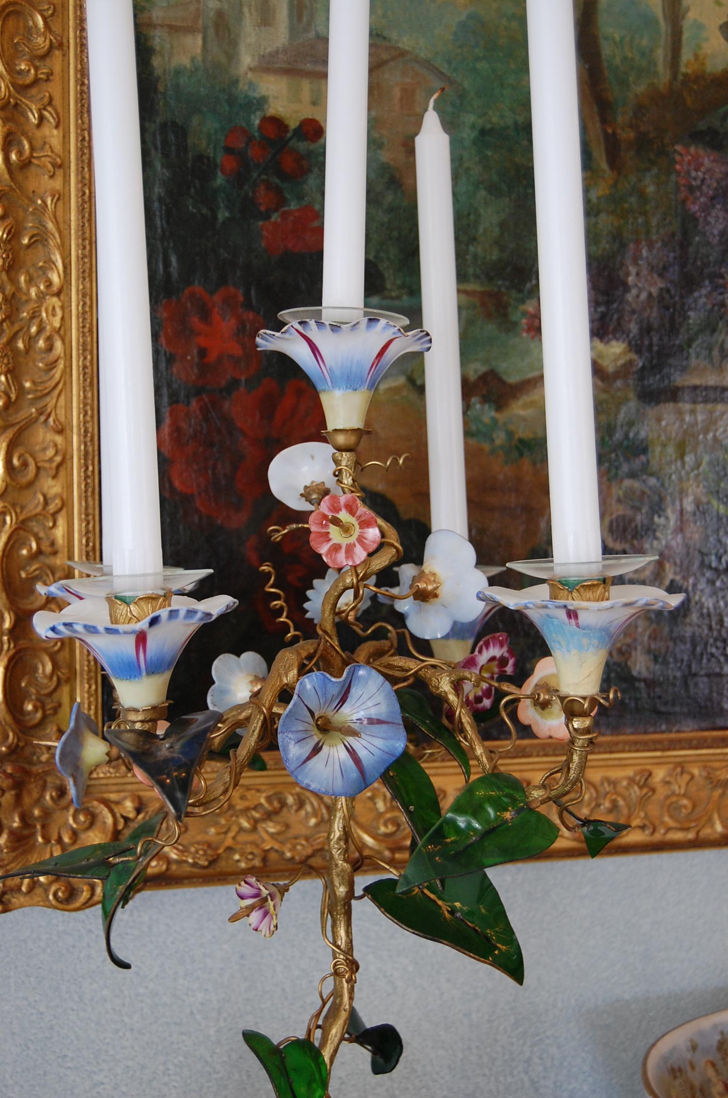 Pair 19th Century Candelabra with Gilt Bronze Stems, Glass & Porcelain Flowers For Sale 1