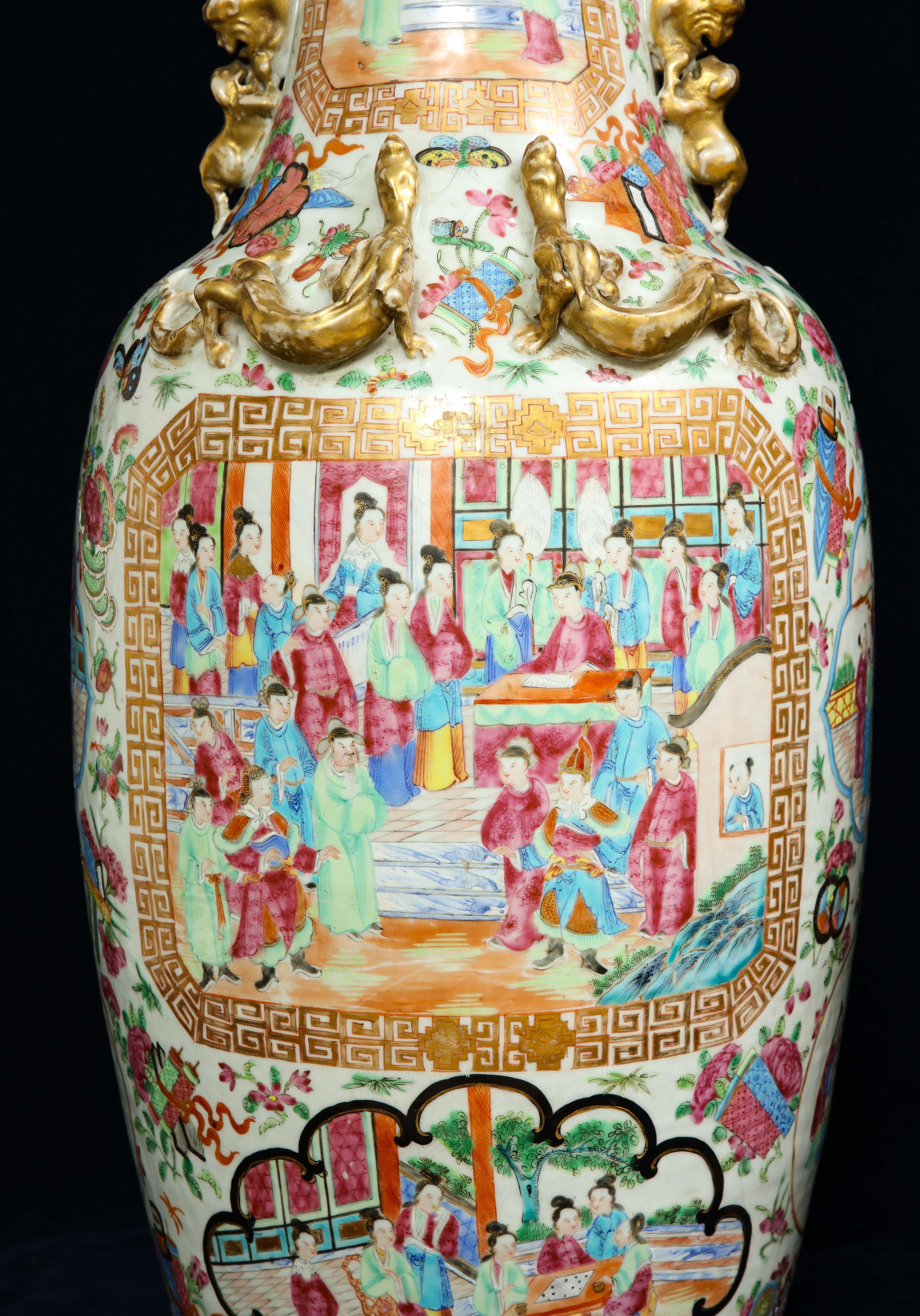 Pr. 19th Century Chinese Rose Medallion Porcelain Vases, w/ Imperial Court Scene For Sale 3