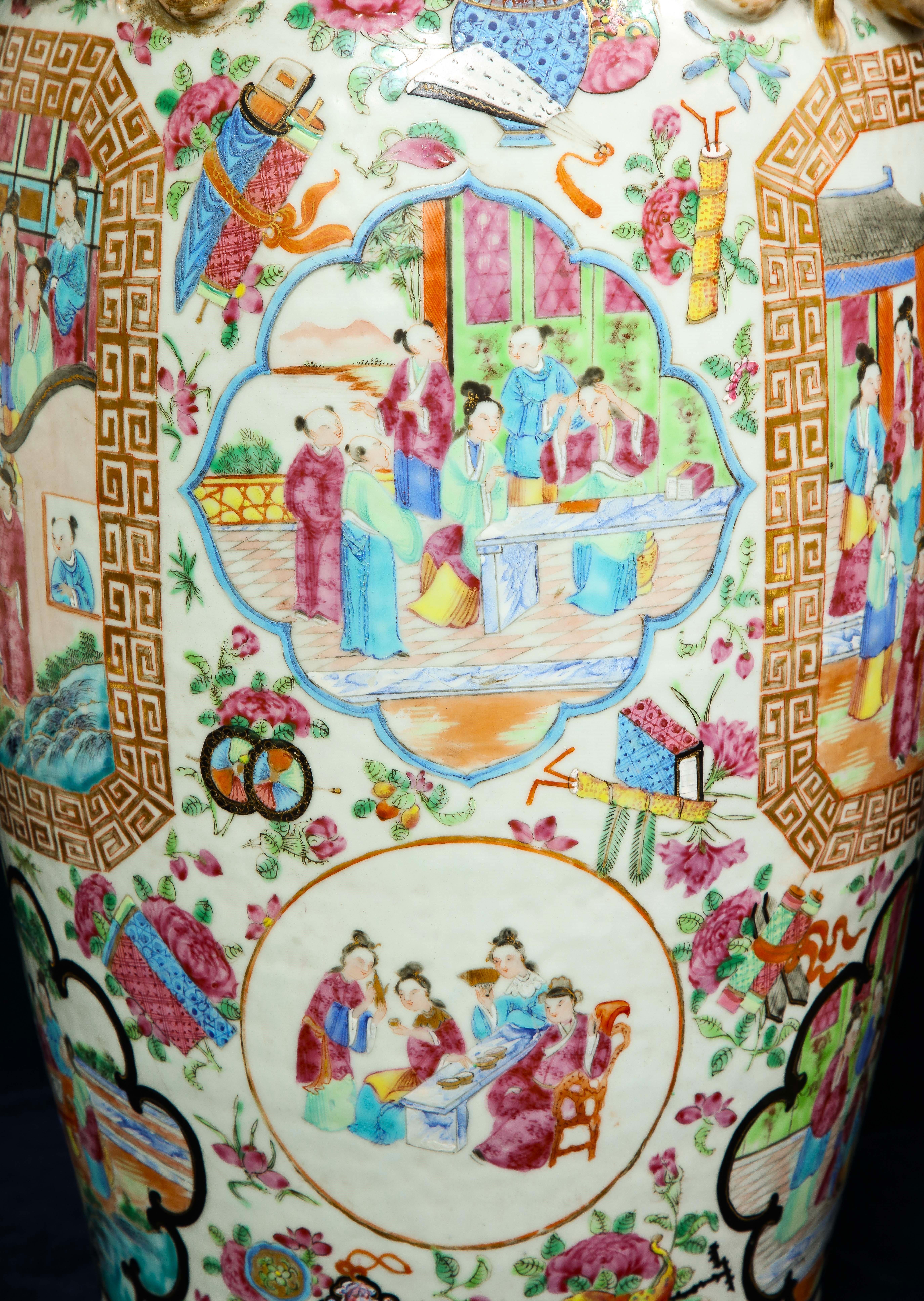 Pr. 19th Century Chinese Rose Medallion Porcelain Vases, w/ Imperial Court Scene For Sale 4