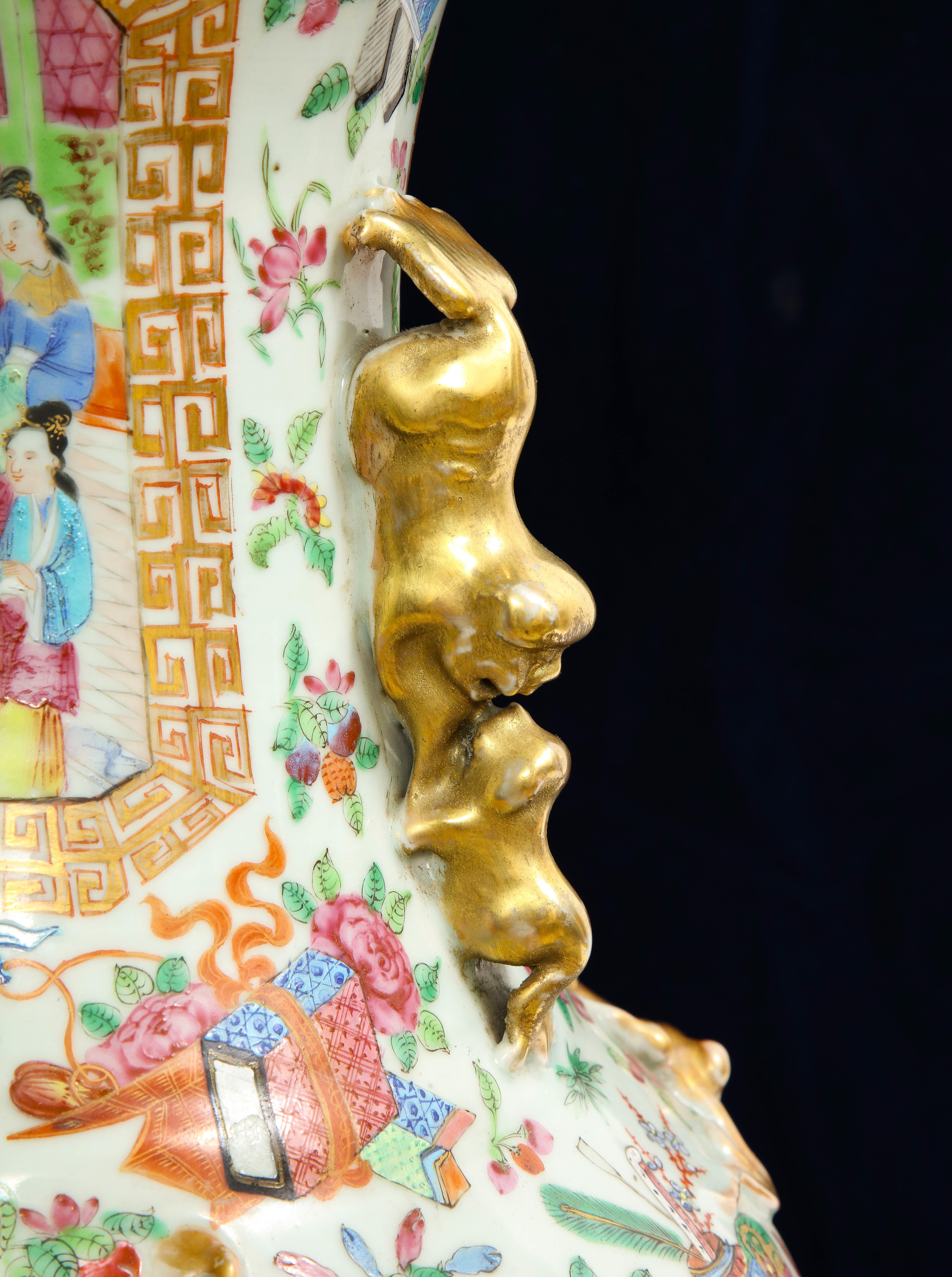 Pr. 19th Century Chinese Rose Medallion Porcelain Vases, w/ Imperial Court Scene For Sale 7