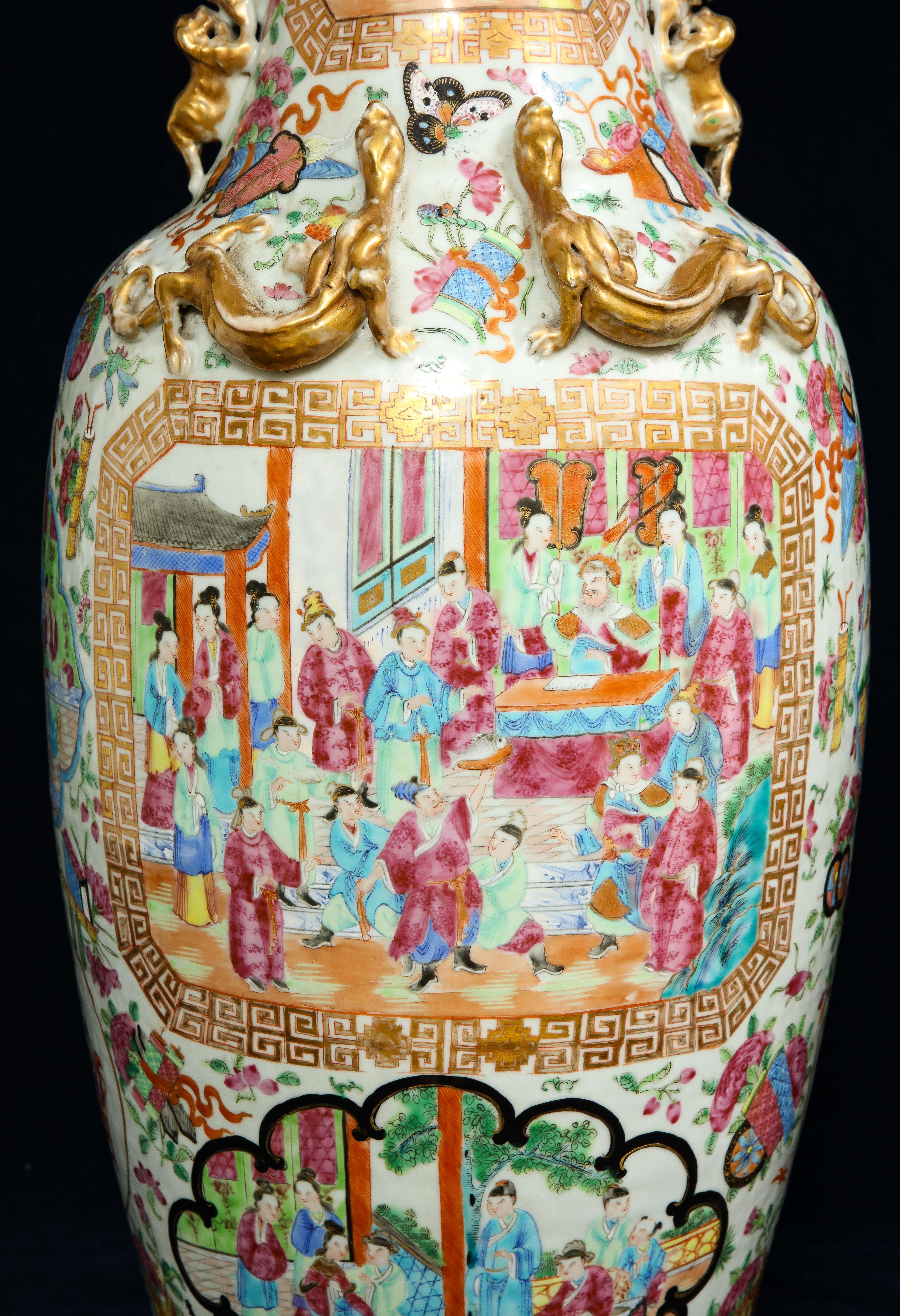 Pr. 19th Century Chinese Rose Medallion Porcelain Vases, w/ Imperial Court Scene For Sale 8