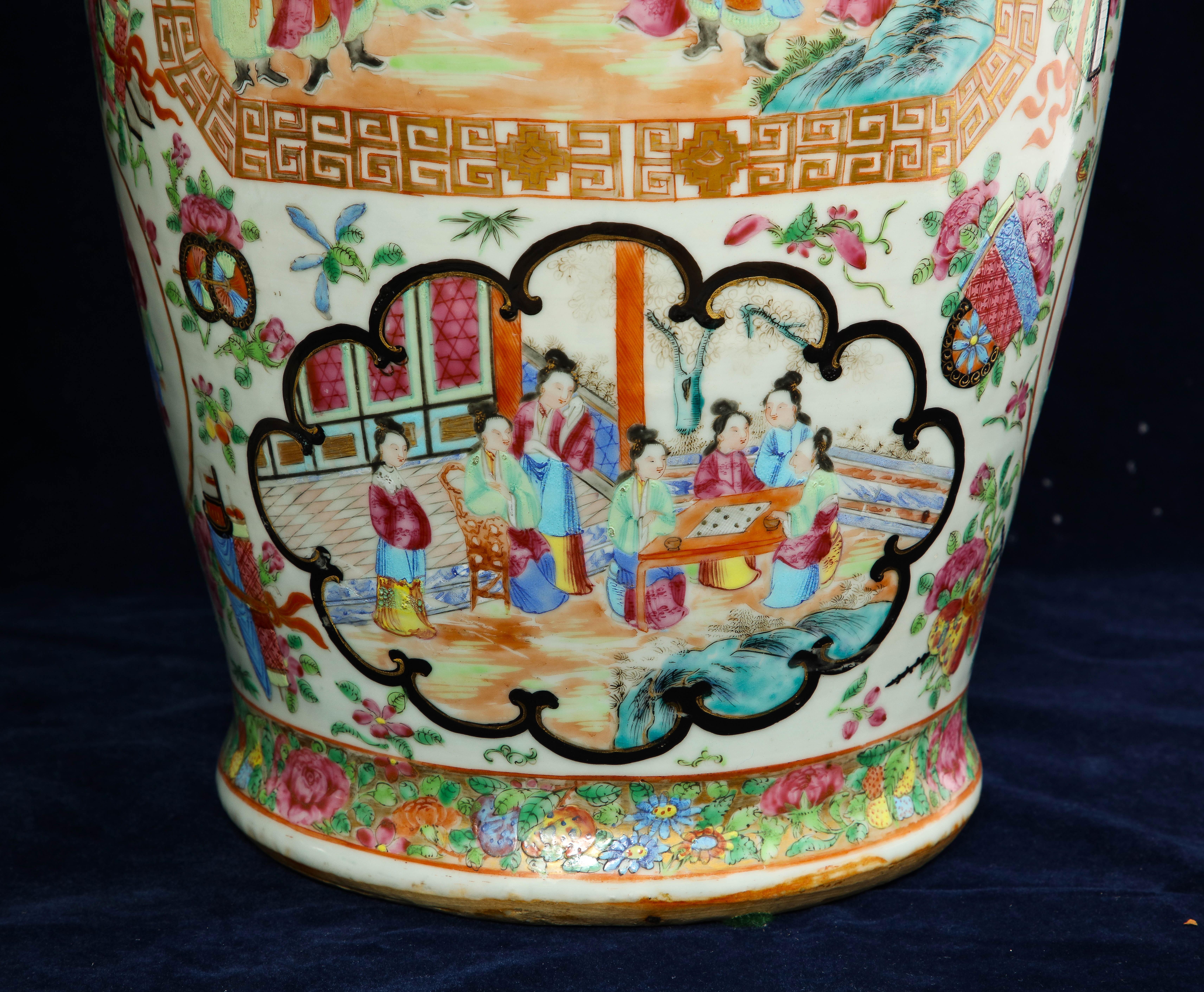 Pr. 19th Century Chinese Rose Medallion Porcelain Vases, w/ Imperial Court Scene For Sale 9