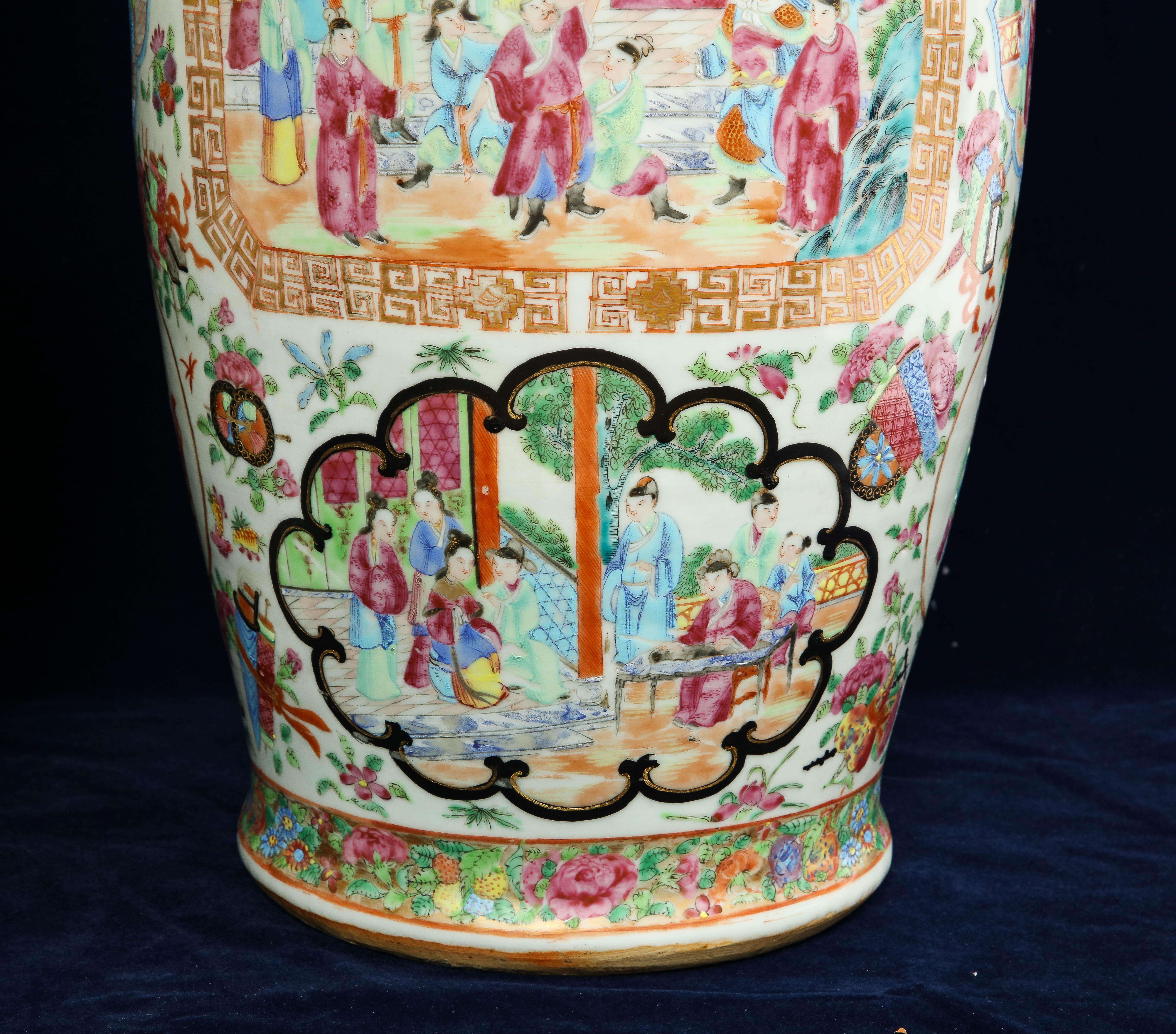 Pr. 19th Century Chinese Rose Medallion Porcelain Vases, w/ Imperial Court Scene For Sale 11
