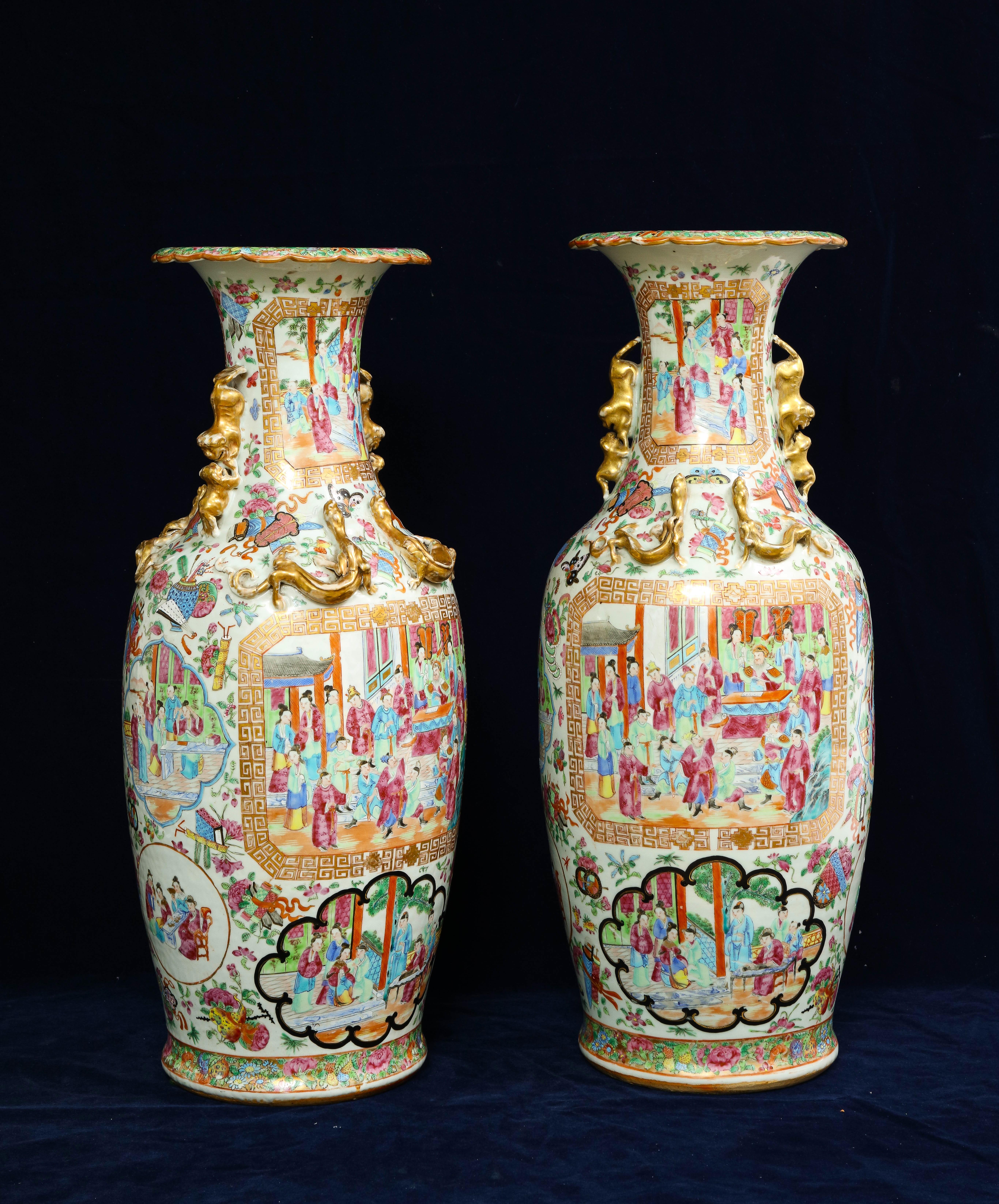 A fine pair of 19th century Chinese Rose Medallion Porcelain vases. Each is of an ovoid baluster form with a floriform mouth which is highly decorated with flowers and butterflies. The body is beautifully hand-painted with a multitude of figural