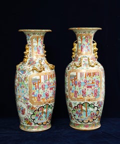 Pr. 19th Century Chinese Rose Medallion Porcelain Vases, w/ Imperial Court Scene